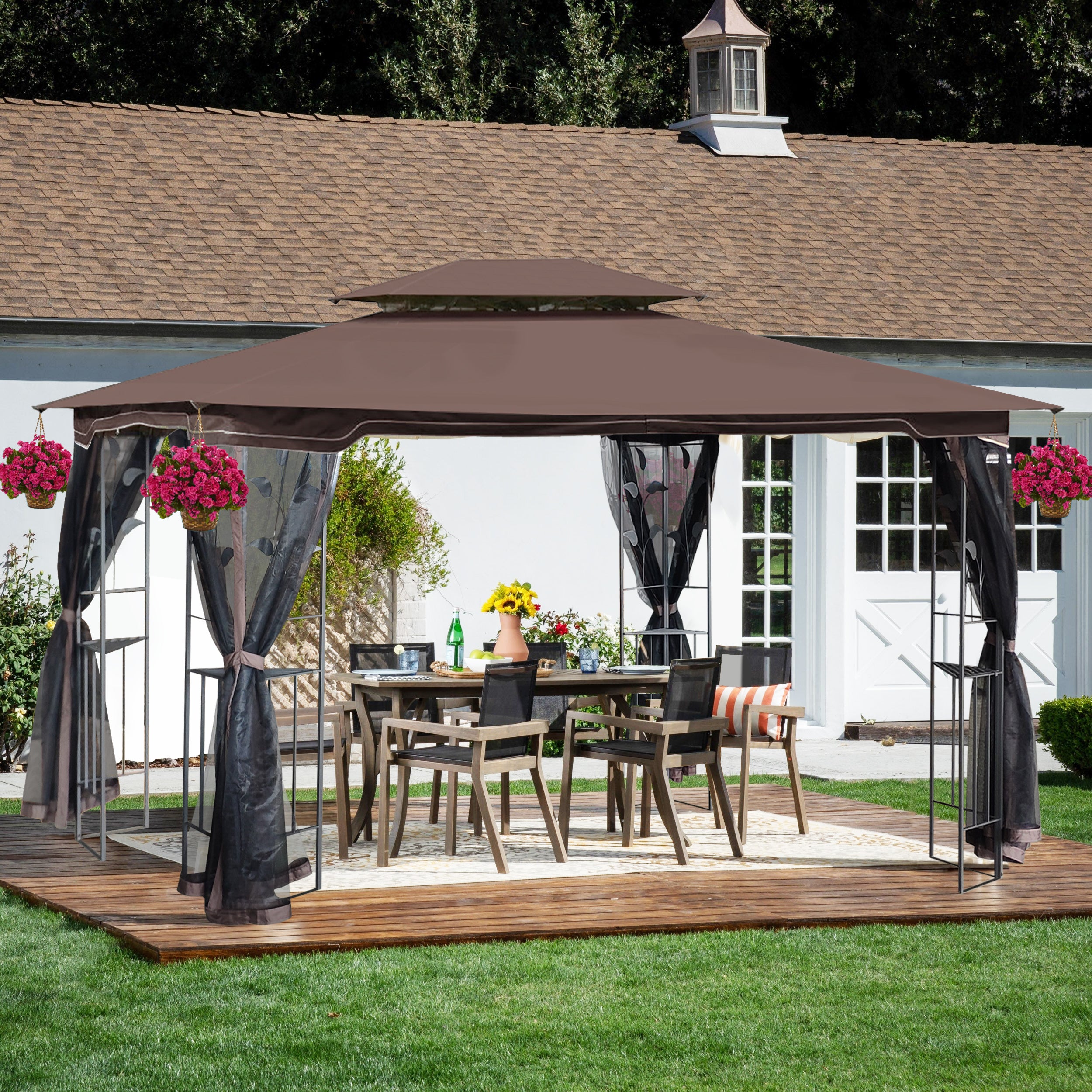 13x10 Outdoor Patio Gazebo Tent, Brown Canopy with Mesh Screens
