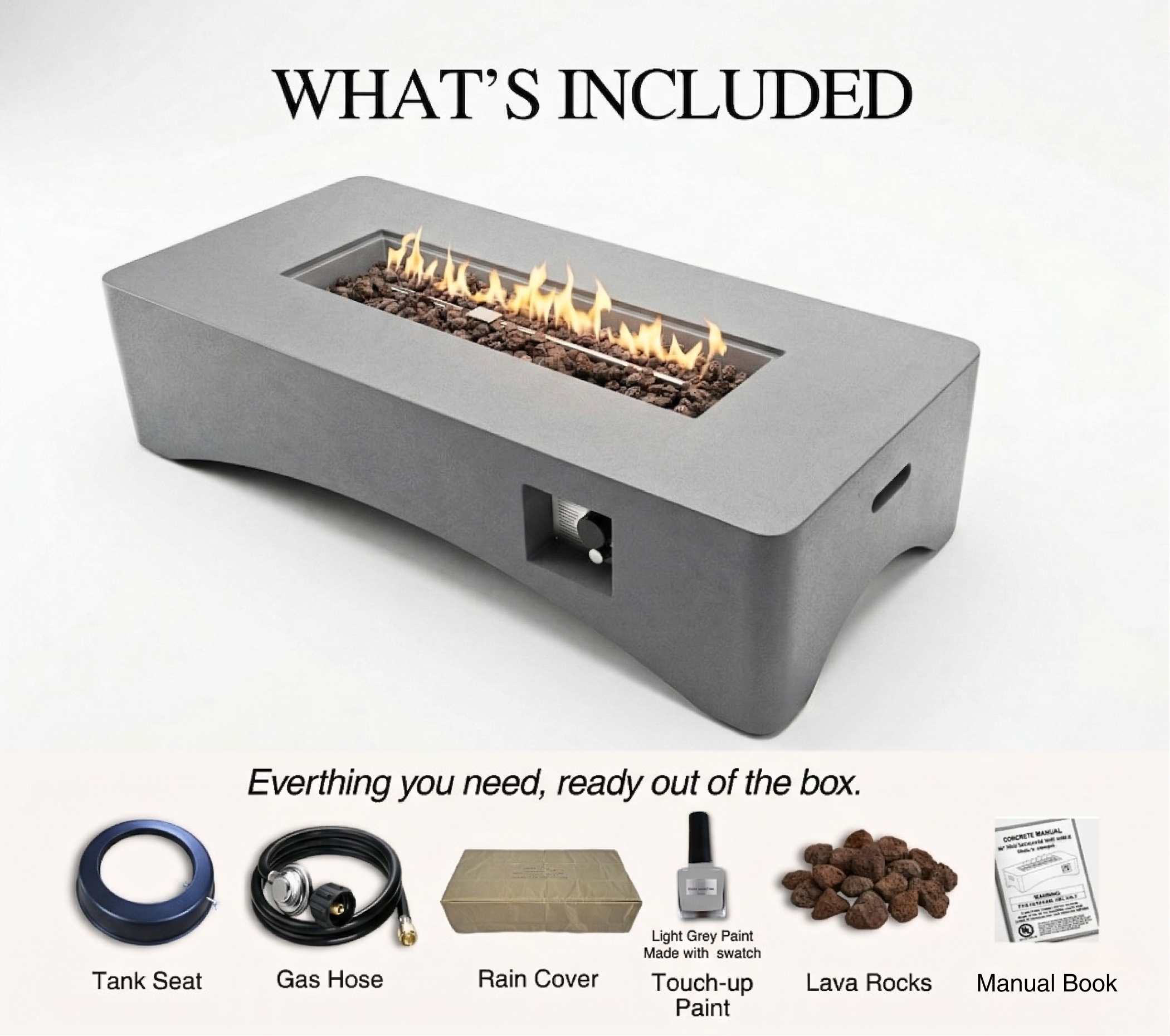 56' Propane Fire Pit Table - Rectangular Outdoor Gas Fire Pit