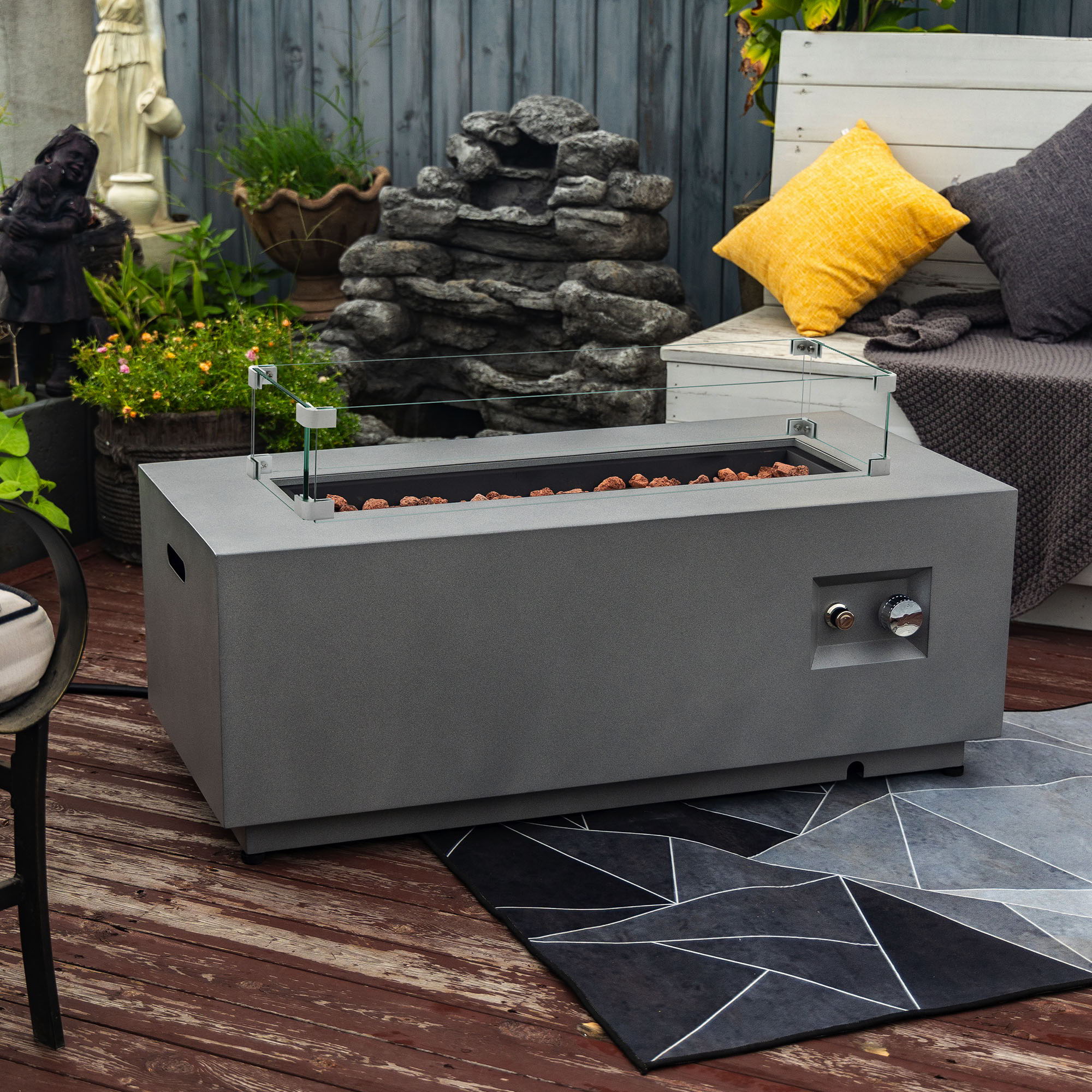 Propane Gas Fire Pit Table, 50000 Btu Rectangular With Glass Wind Guard For Outside - Gray