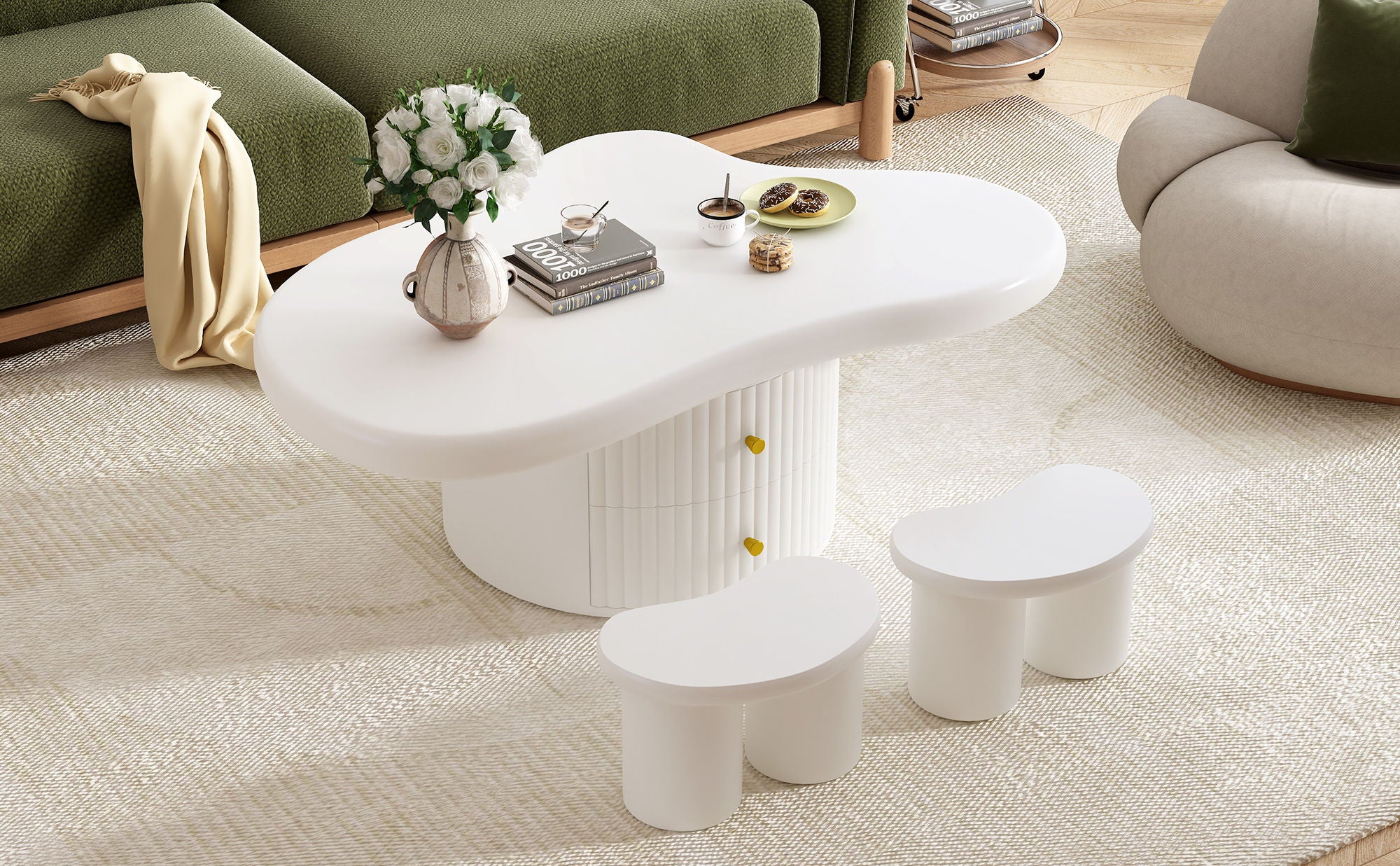 Cloud - Coffee Table (Set of 3), Irregular Shape Coffee Table With 2 Drawers, 2 Small Stools For Living Room - White