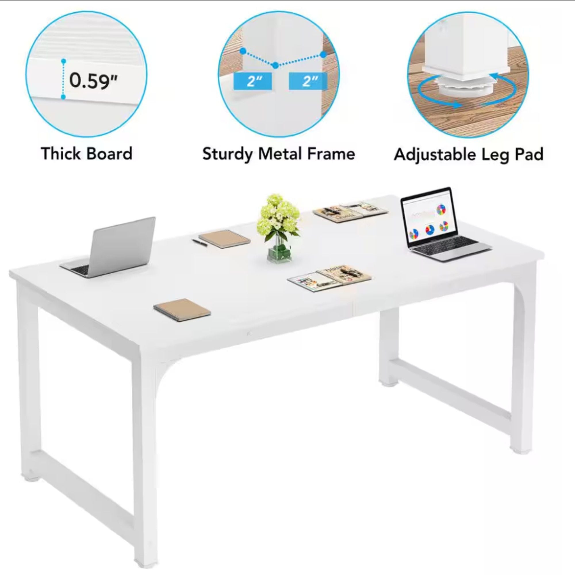 Executive Desk, Large Office Computer Workstation With Thick Frame - White