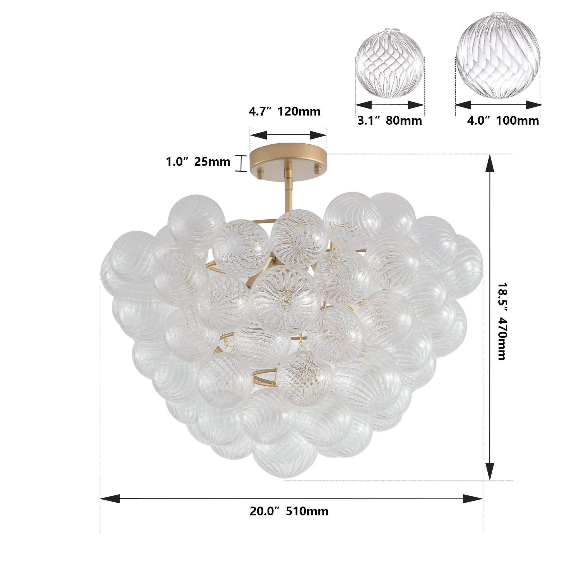 20-Inch Gold Ceiling Pendant Light with Threaded Clear Glass Globe Shade