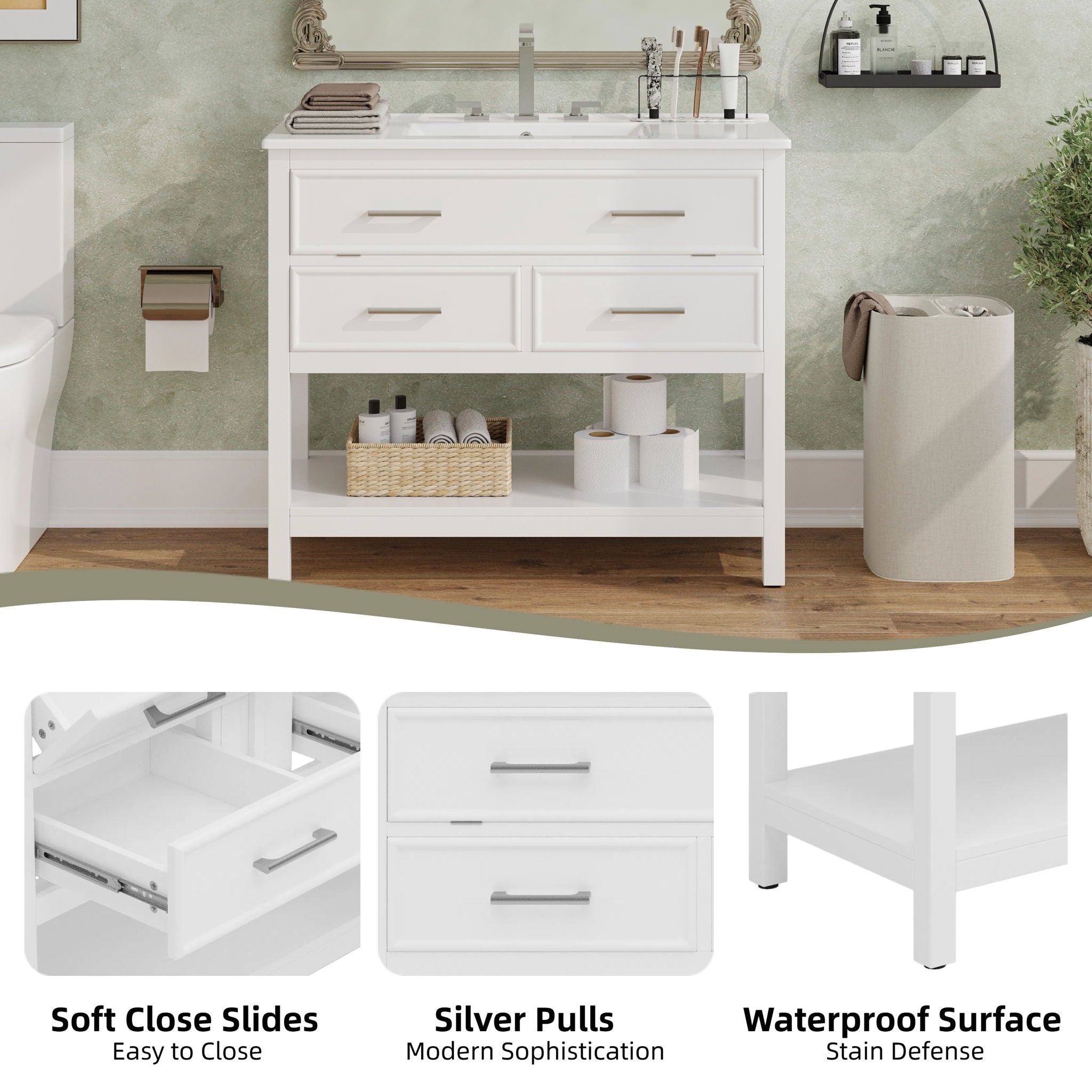 Bathroom Vanity With Ceramic Sink, Tip Out Tray & 2 Full Extension Drawers