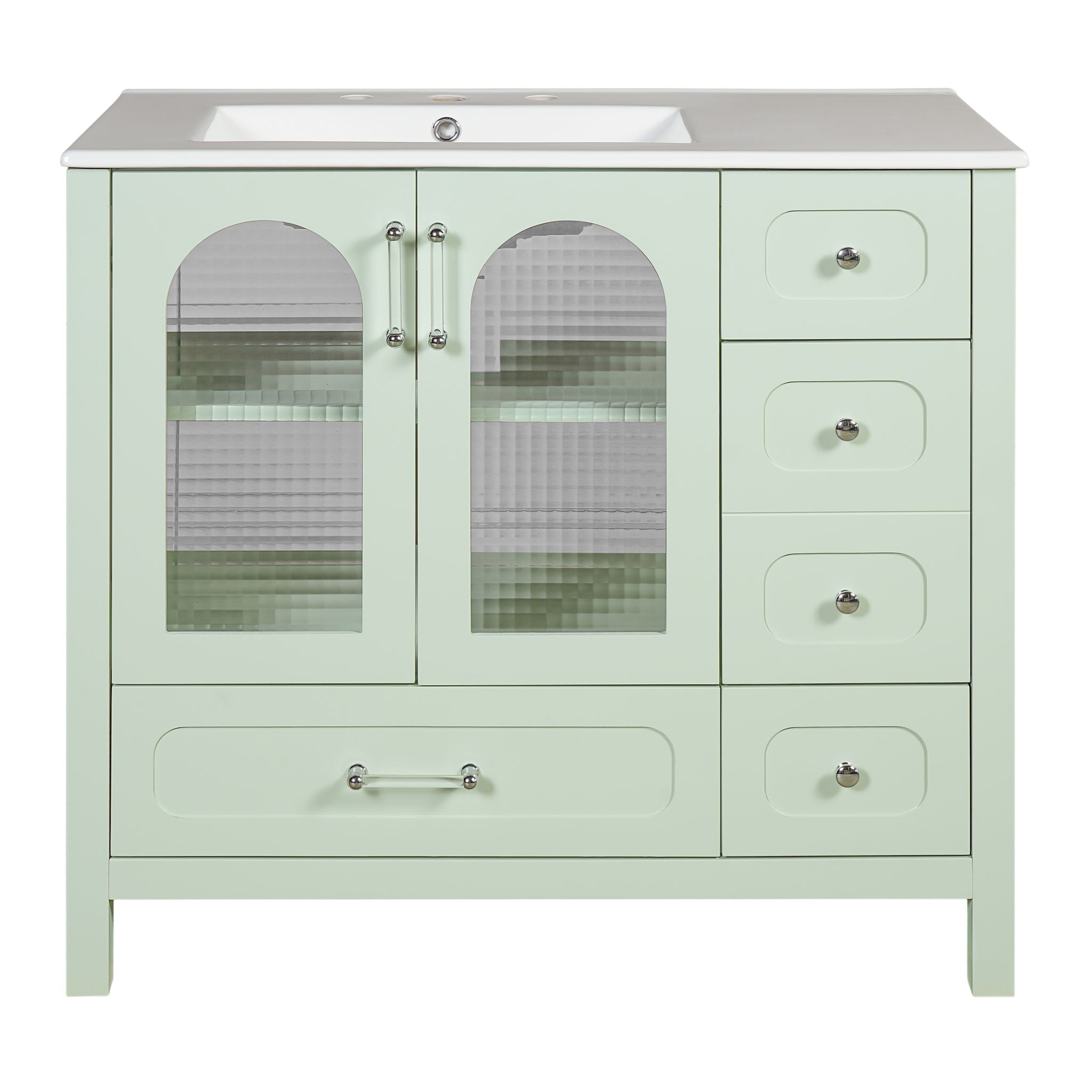 Bathroom Cabinet With Waffle Texture Doors, 4 Drawer Vanity With Soft-Closing Hinges And Glass Panels - Green