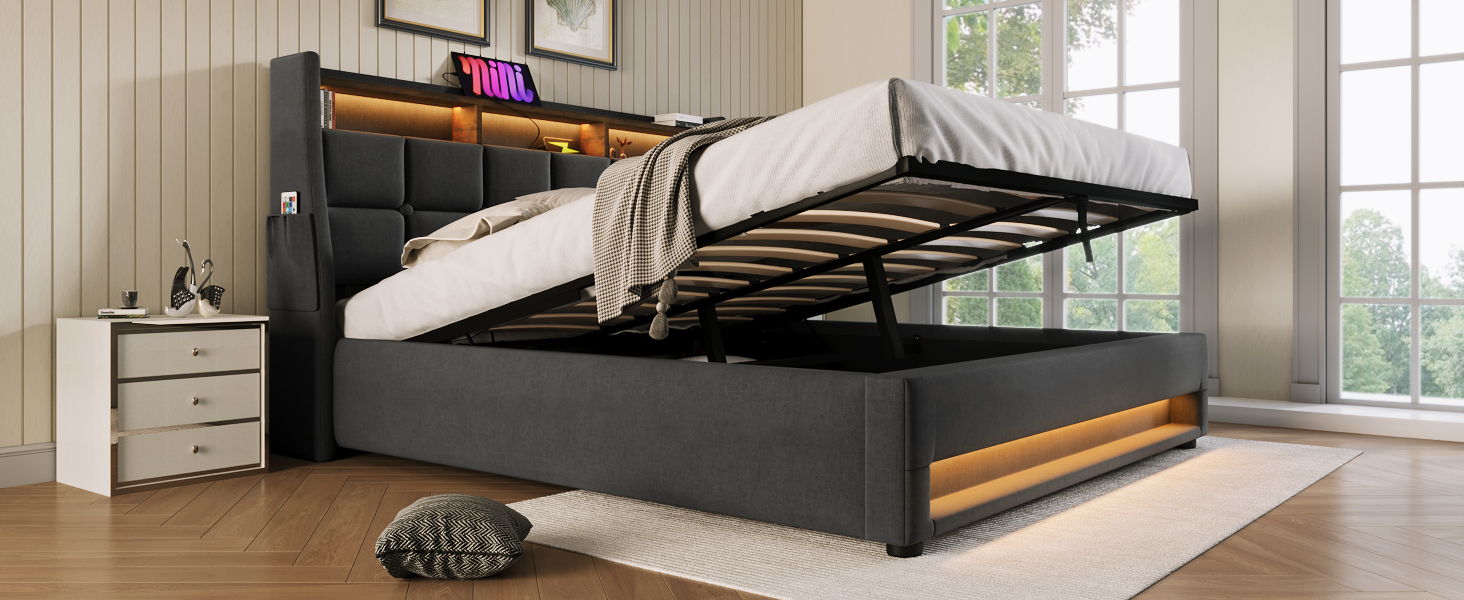 Upholstered Platform Bed With A Hydraulic Storage System, LED And USB Charging (Without Mattress)