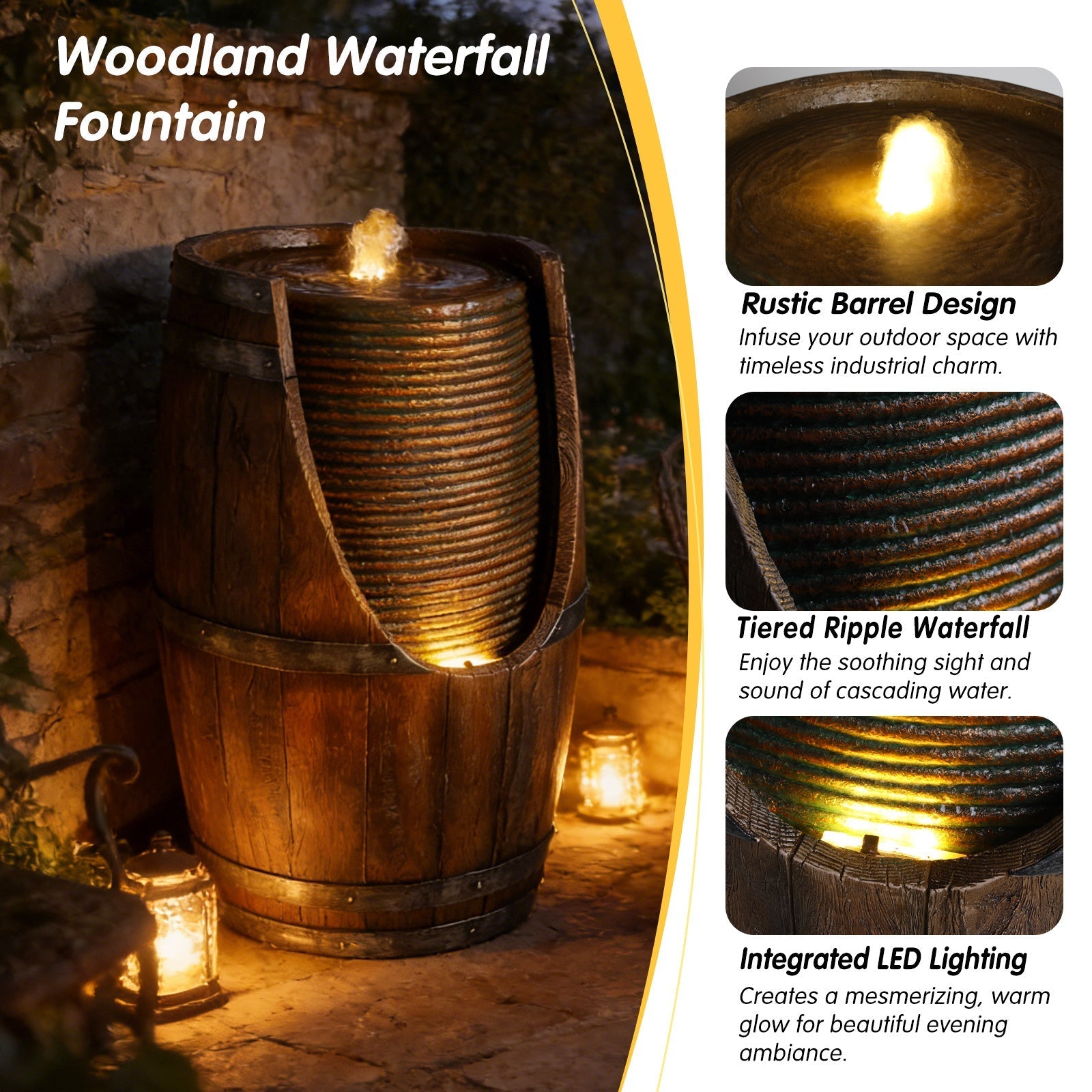 Outdoor Barrel Water Fountain with Lights Rustic Wood Look Resin