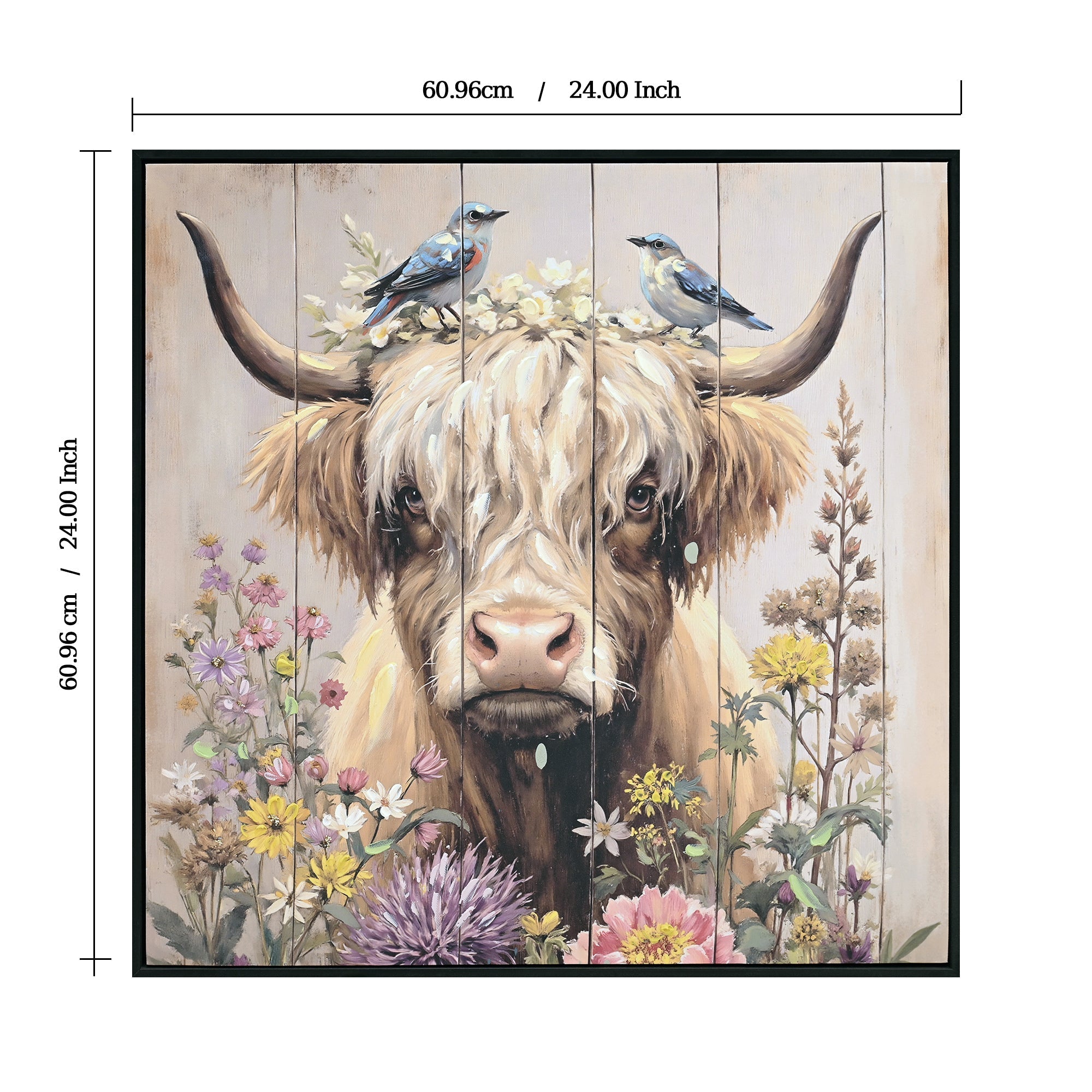 Farmhouse Highland Cow Wall Decor in Neutral colour: Rustic Cow and Chrysanthemum picture Canvas Art Print, Gift for Bathroom or Kitchen, Ideal Animal Artwork for Living Room 24*24INCH