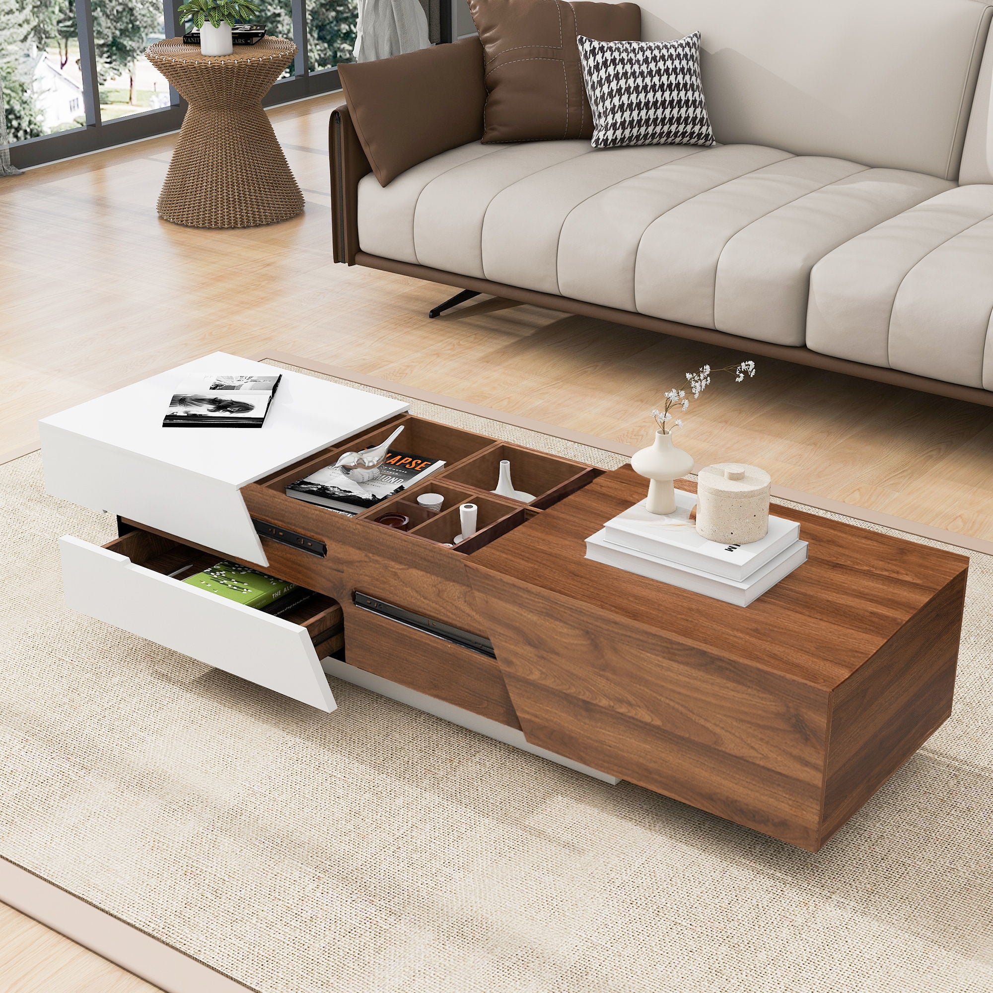 Extendable Sliding Top Coffee Table With Storage, Rectangle Shape - White / Walnut