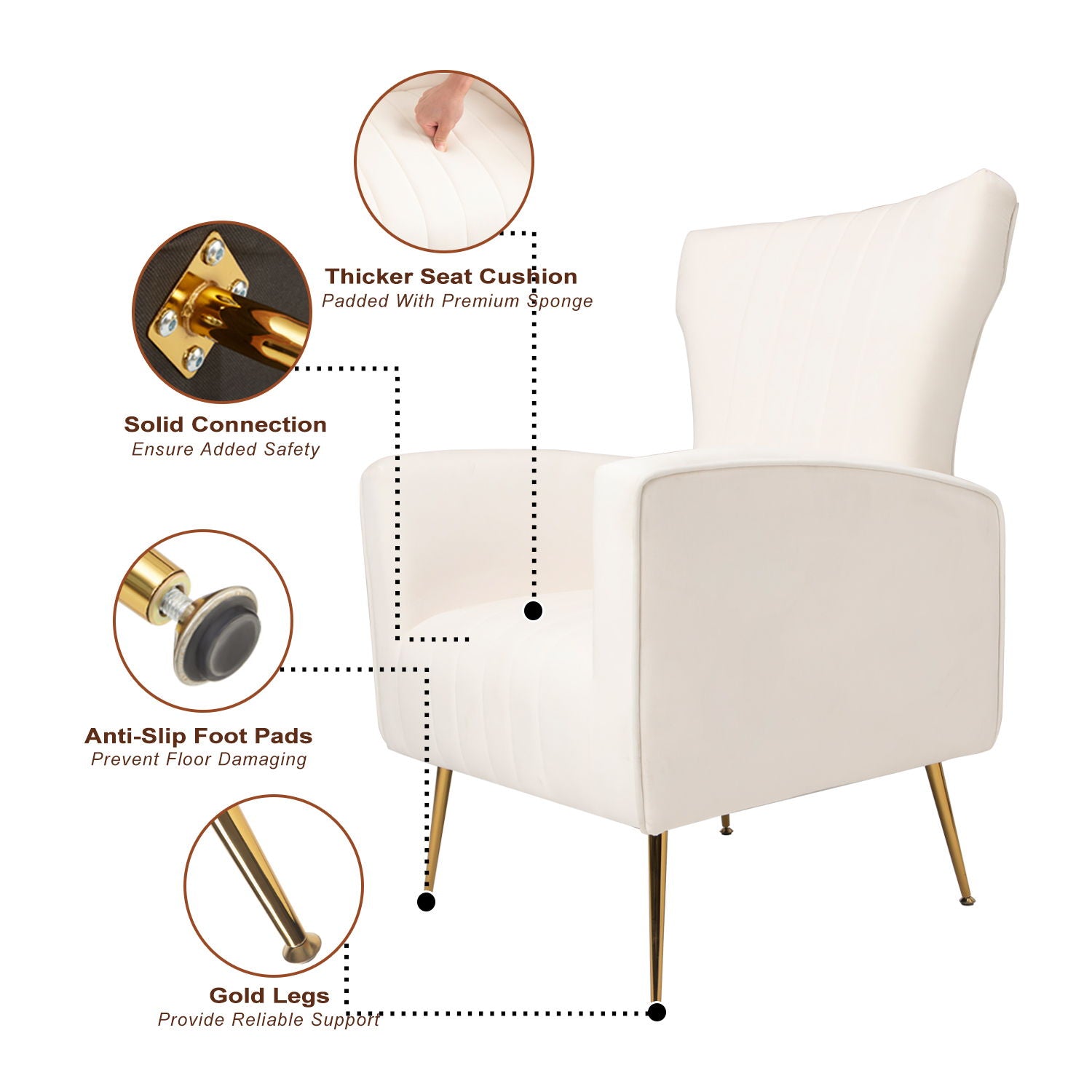 Velvet Wingback Accent Chair With Legs, Upholstered Single Sofa - White