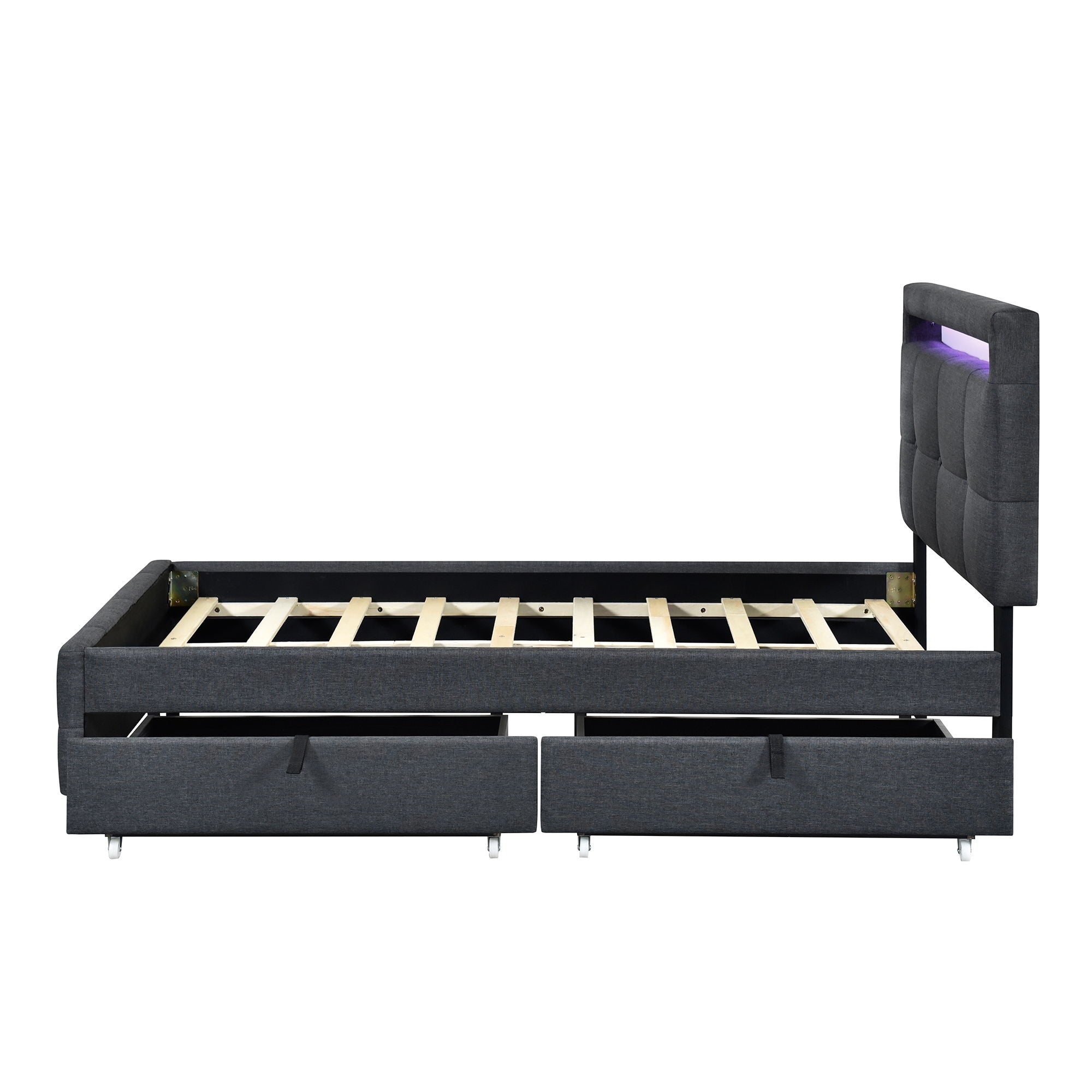 Upholstered Platform Bed With LED Frame, With Trundle And 2 Drawers