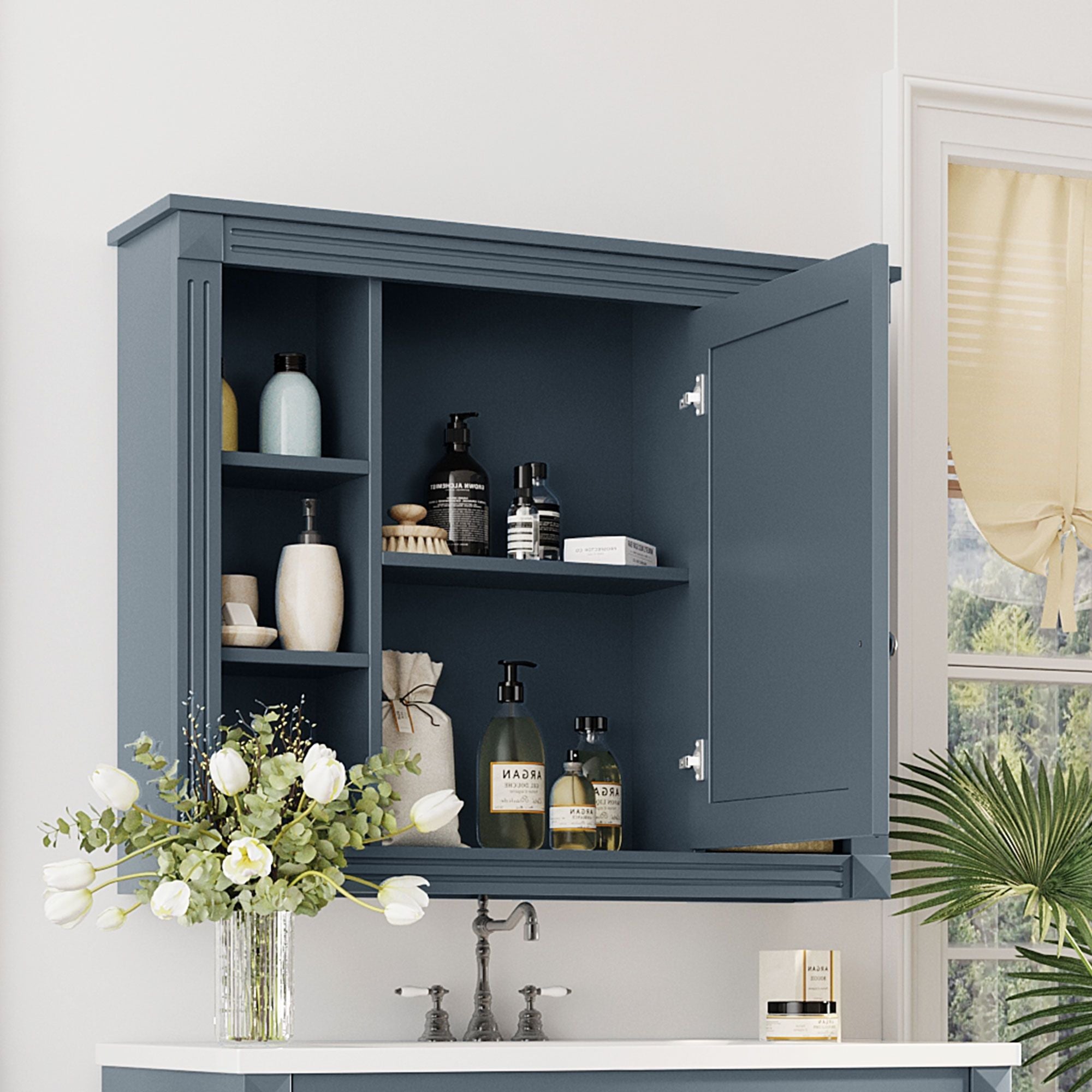 Wall Mounted Bathroom Storage Cabinet With Mirror, Cabinet With 6 Open Shelves And Adjustable Interior