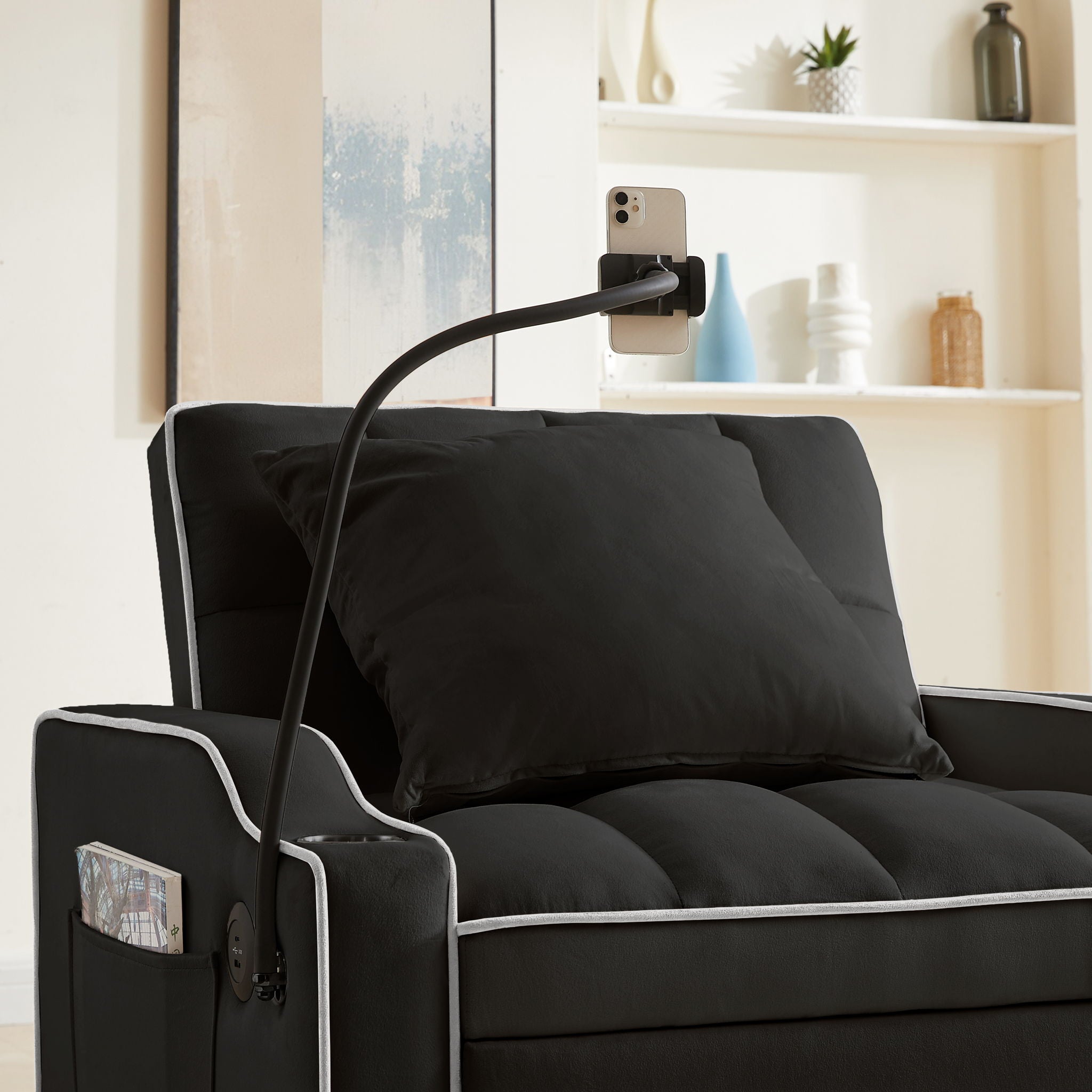 Convertible 3 In 1 Sofa Bed With Adjustable Sleeper Chair And Multi Pockets - Black