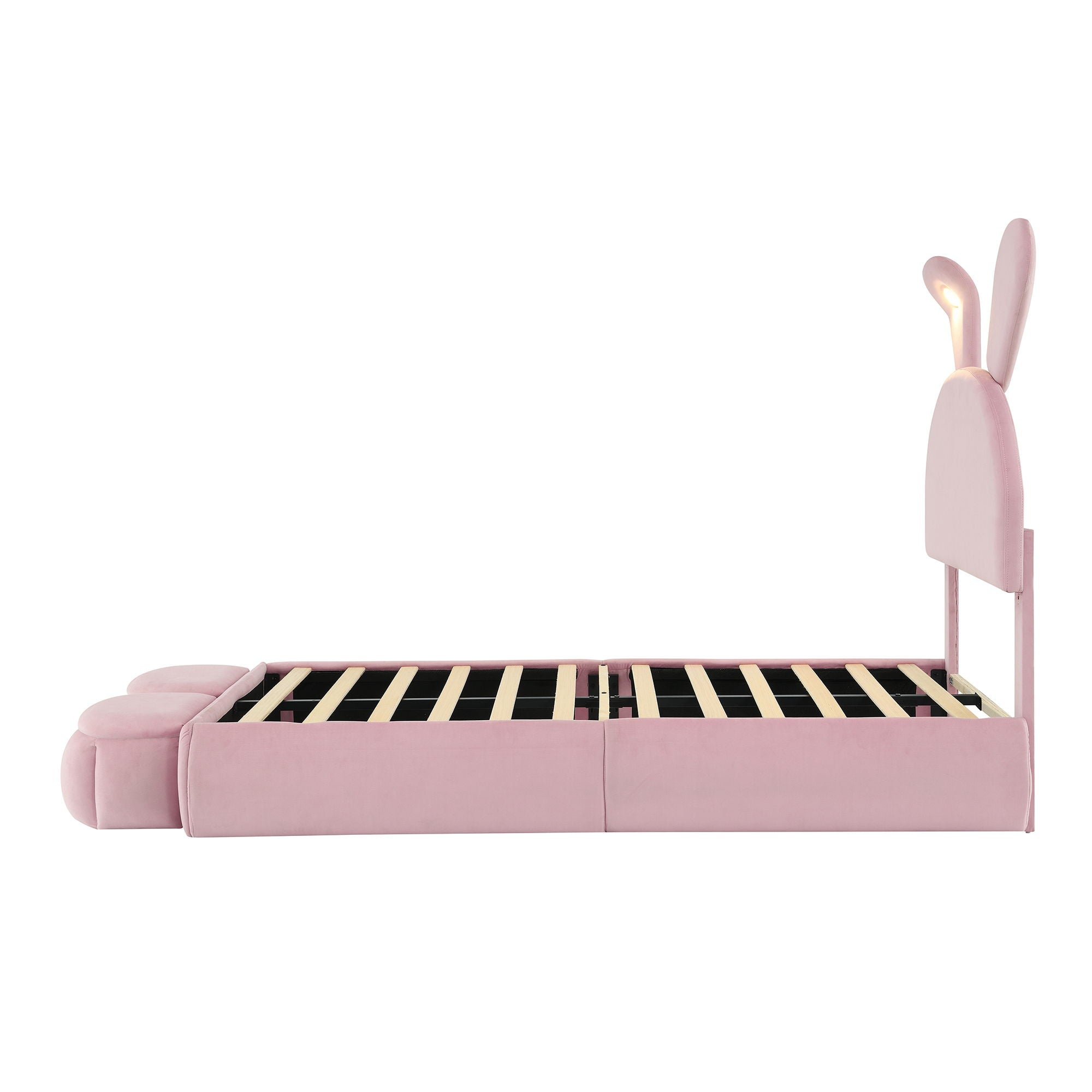 Upholstered Platform Bed With Cartoon Ears Shaped Headboard And LED Light