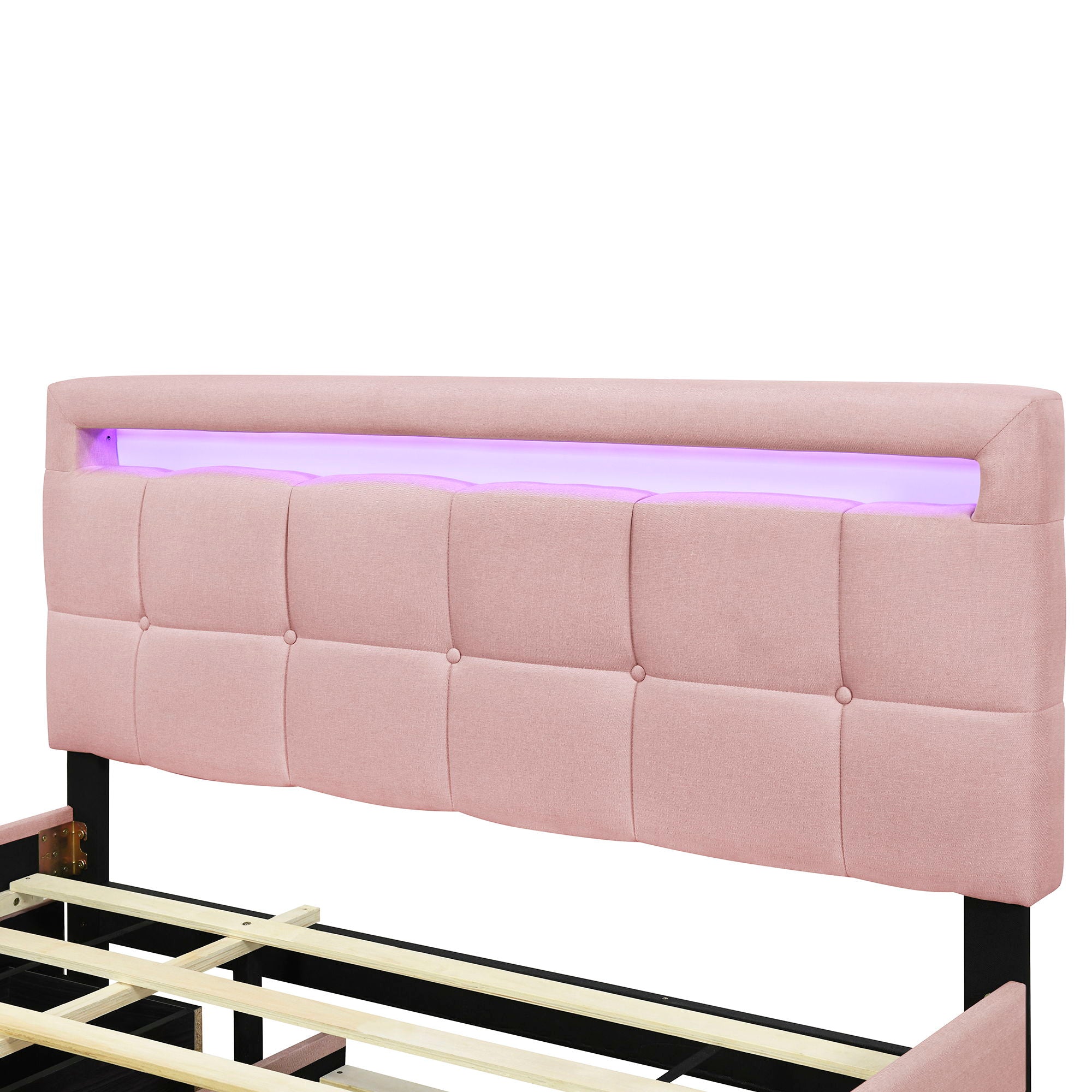 Upholstered Platform Bed With LED Frame, With Trundle And 2 Drawers