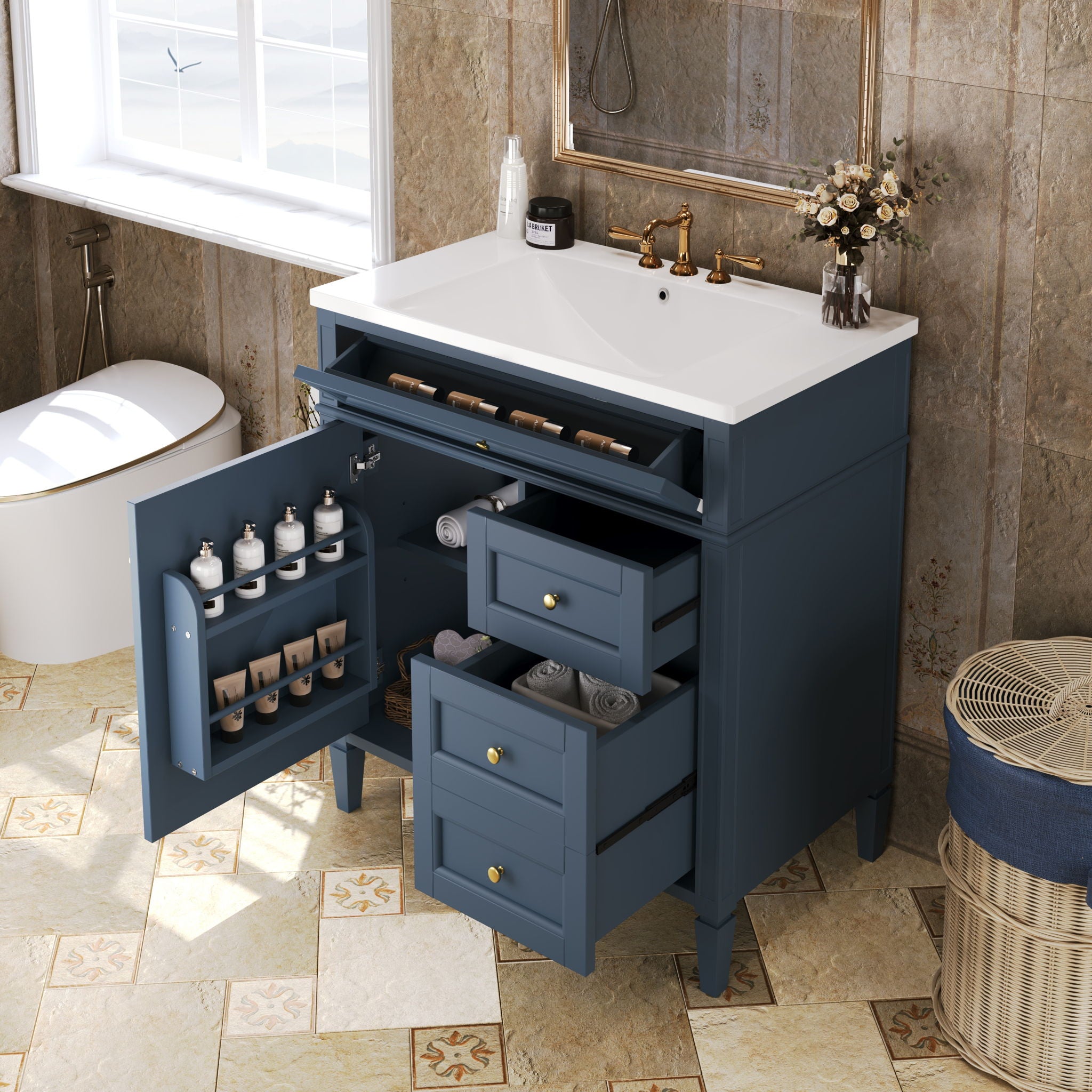 Bathroom Vanity With Top Sink, 2 Drawers And Tip Out Drawer, Rectangular Design