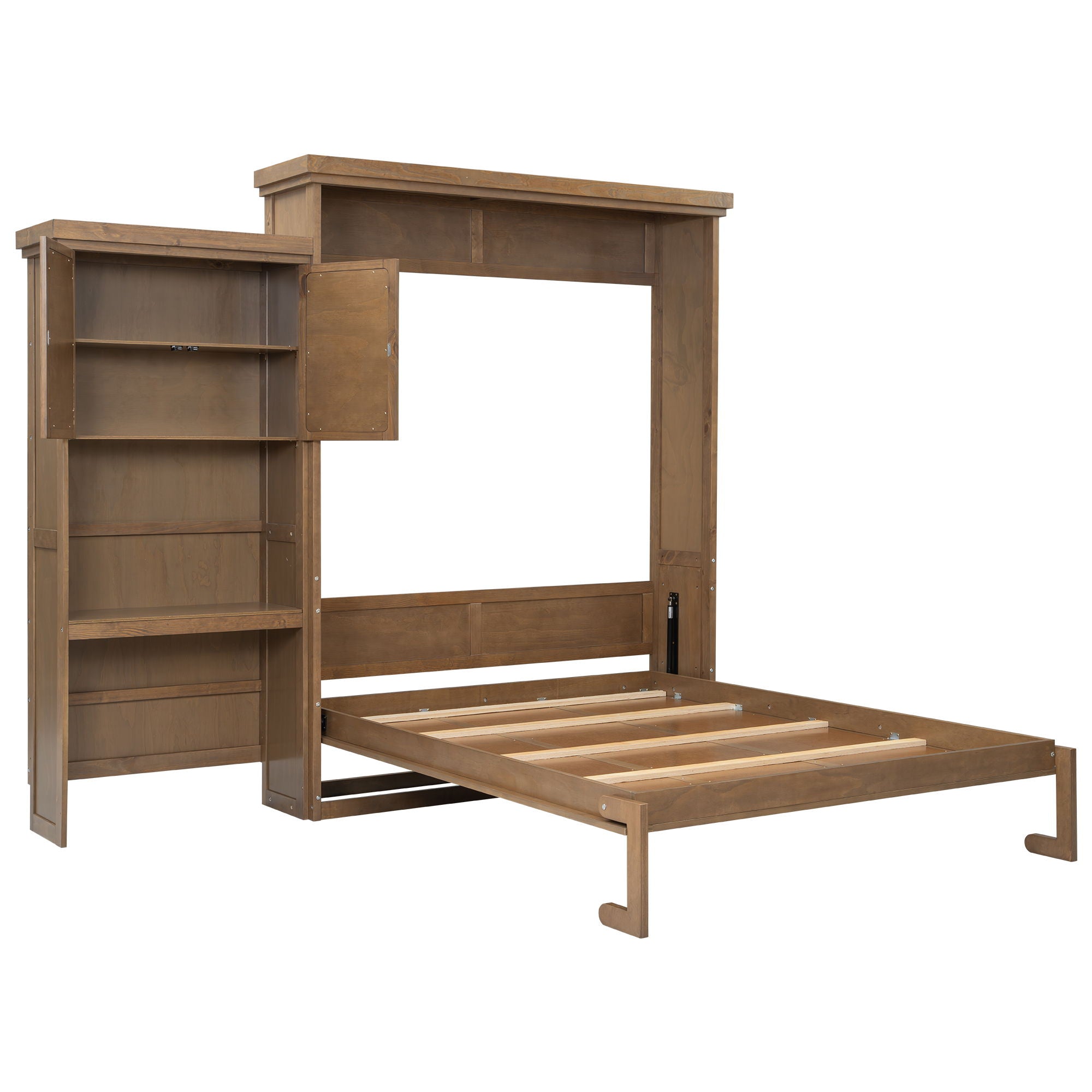 Queen Size Murphy Bed With Louvered Design And Multiple Storage Shelves - Wood