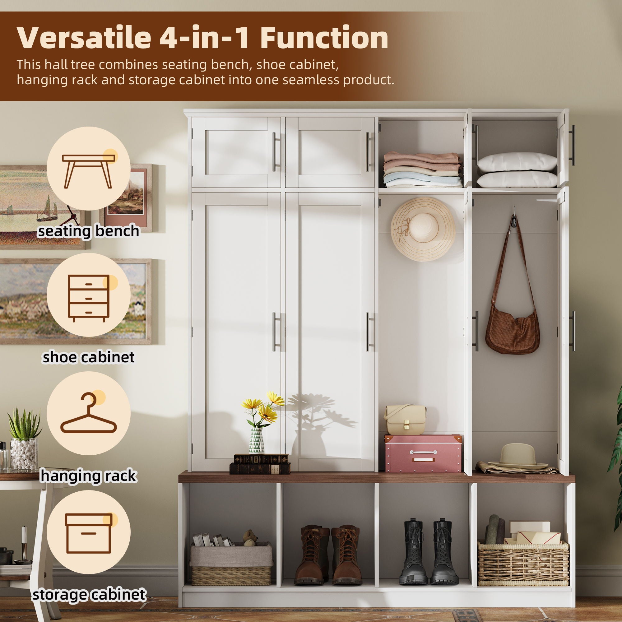 Farmhouse Hall Tree With 4 Hidden Hanging Hooks And 8 Doors