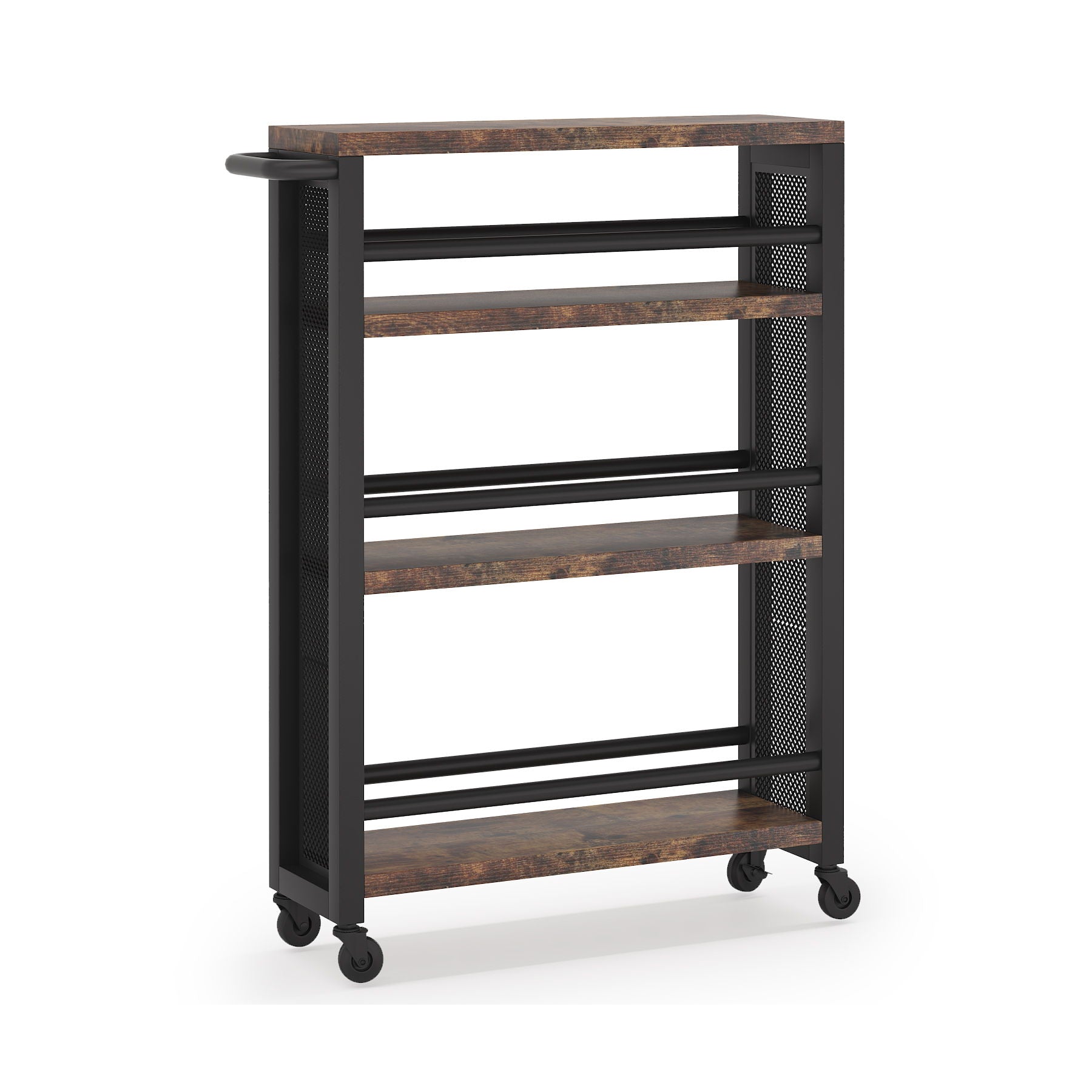 Slim 4 Tier Rolling Utility Cart With Wheels, Narrow Kitchen Storage Trolley - Brown / Black
