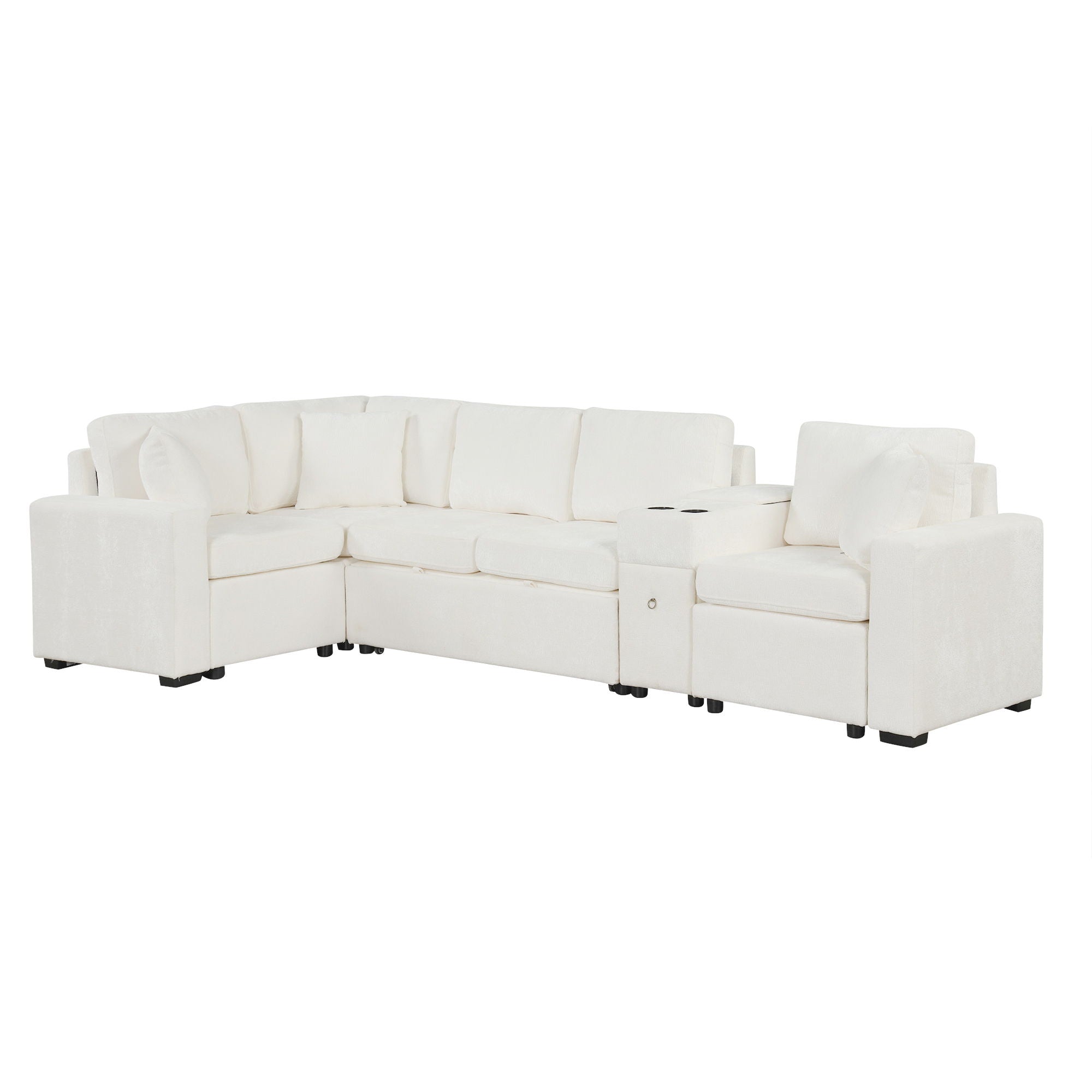 Modular L-Shaped Sectional Sofa Bed With Pull-Out Sleeper, Cup Holders, And Storage