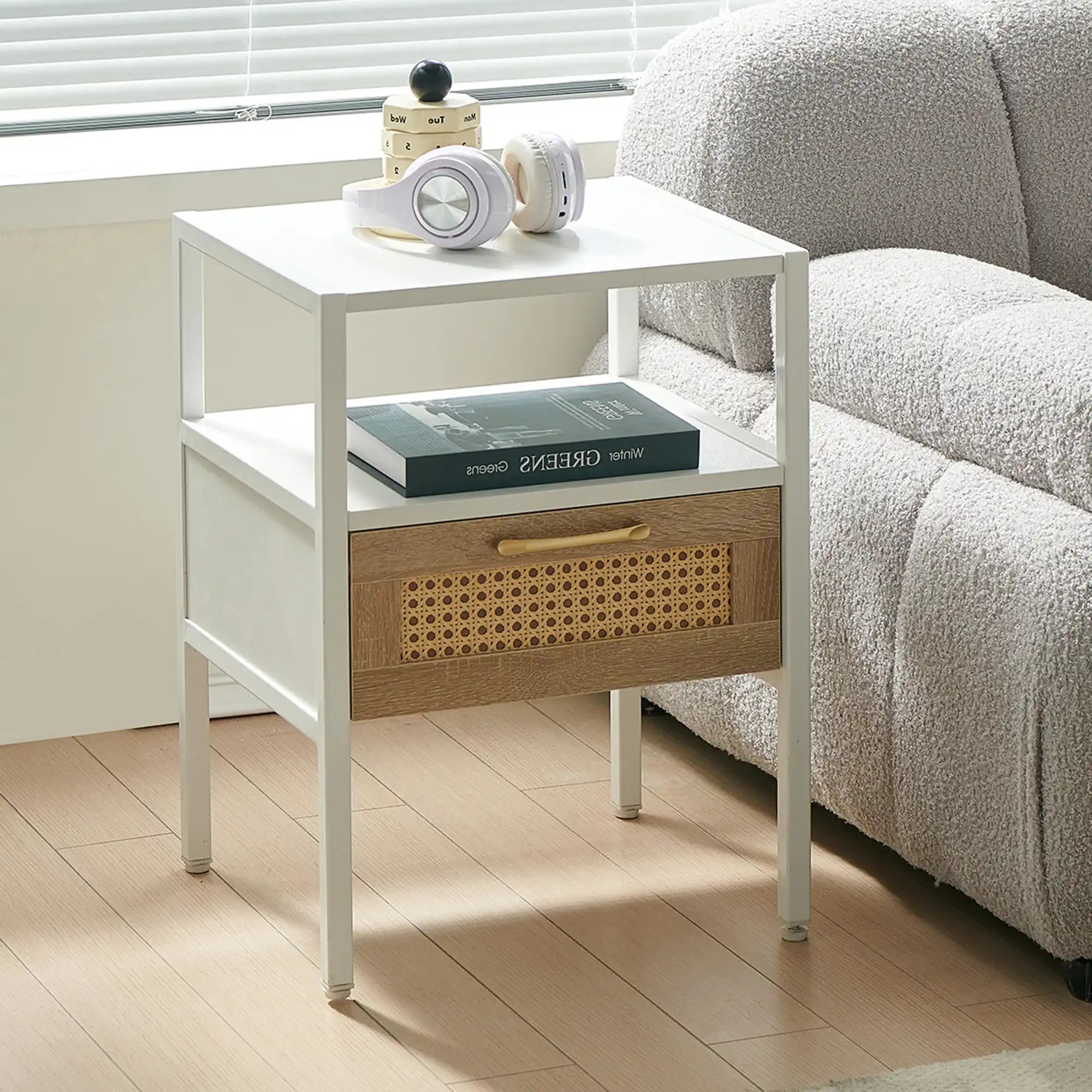 White Rattan Nightstand with Drawer