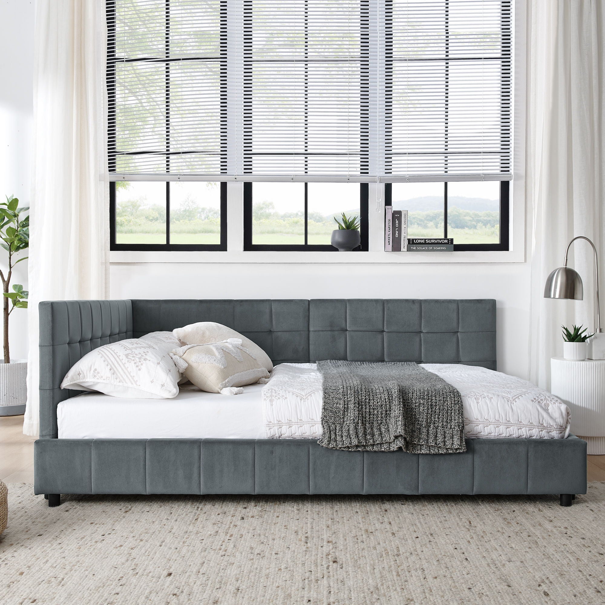 Mid-Century Storage Upholstered Tufted Bed Frame With Backrest And Armrests