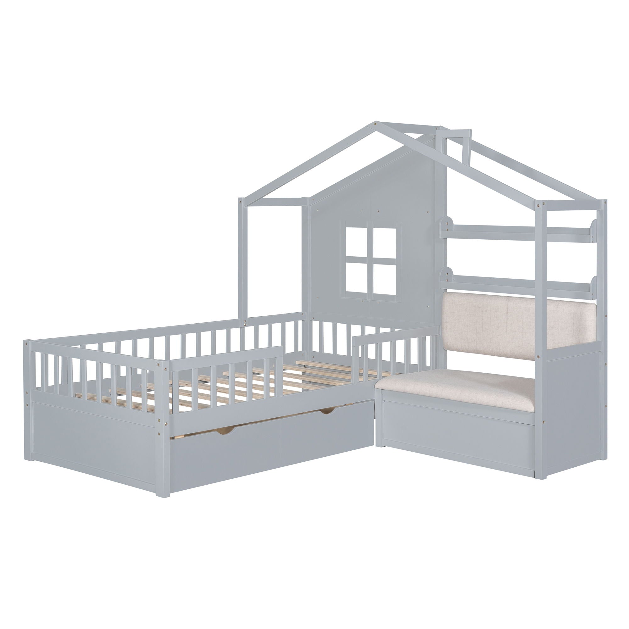 House Bed With Sofa, Kids Platform Bed With 2 Drawers And Storage Shelf
