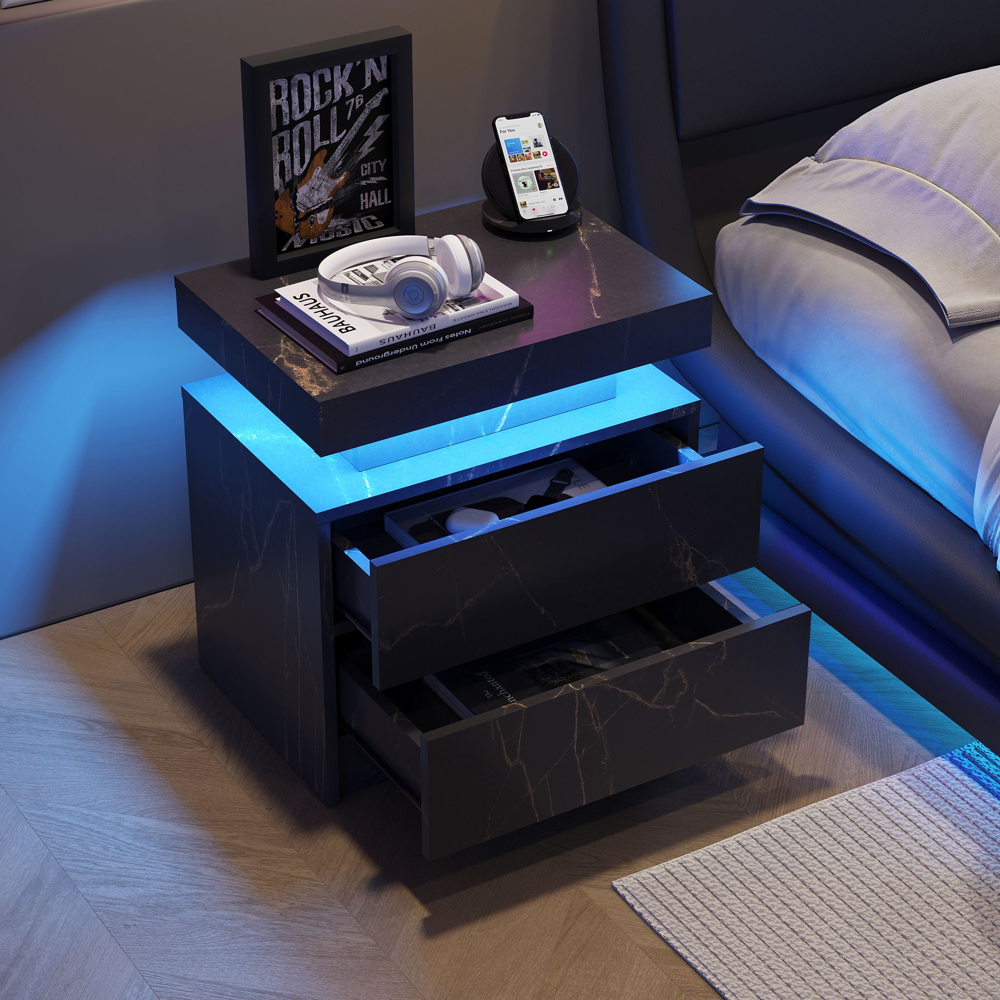 Nightstand LED, Bedside Table Cabinet With 2 Drawers For Bedroom - Best Buy Furniture