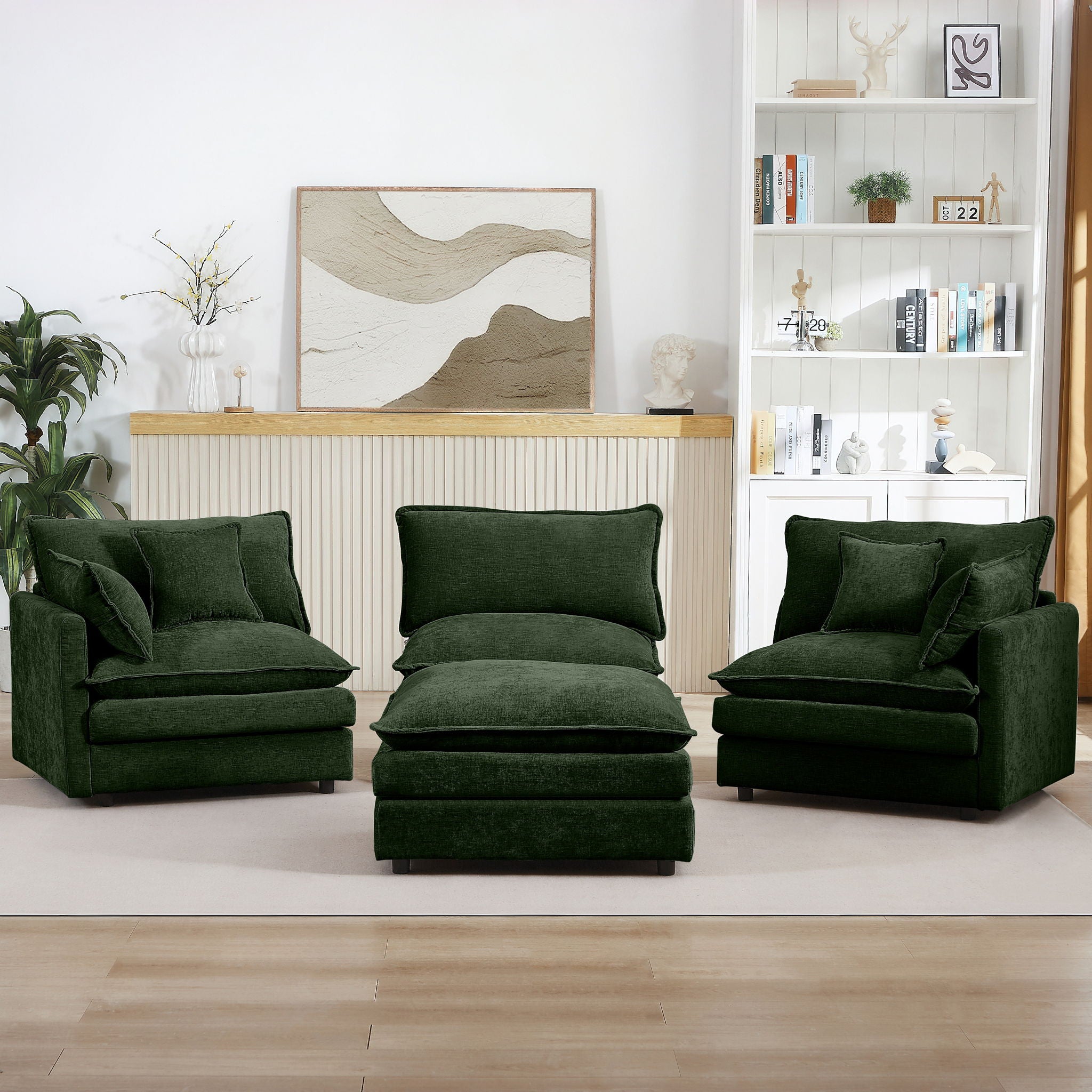 Modular Sectional Sofa 3 Seater L-Shaped Couch Set With Movable Ottoman - Green