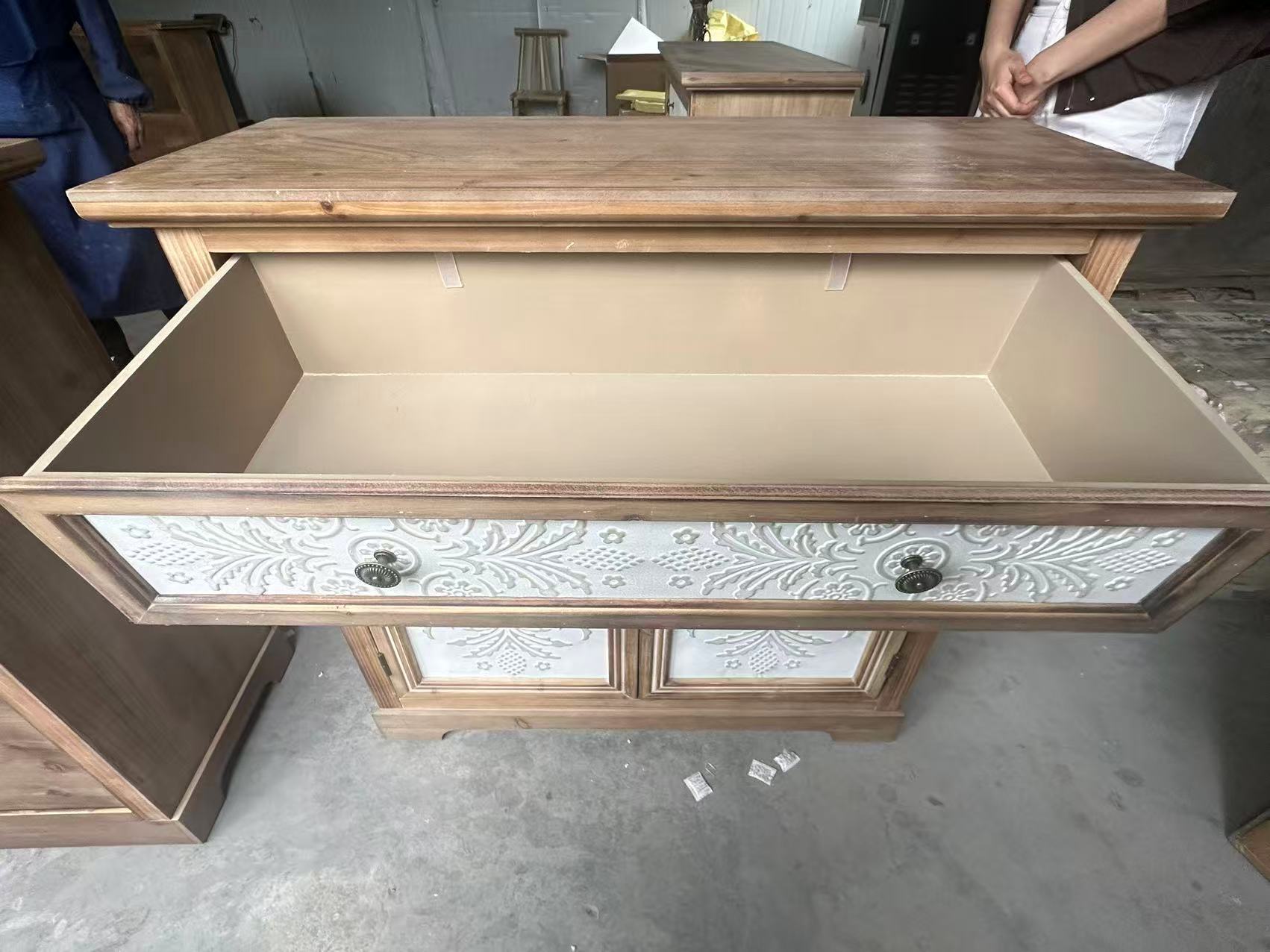 Rustic Vintage Accent Cabinet with Carved Floral Panels