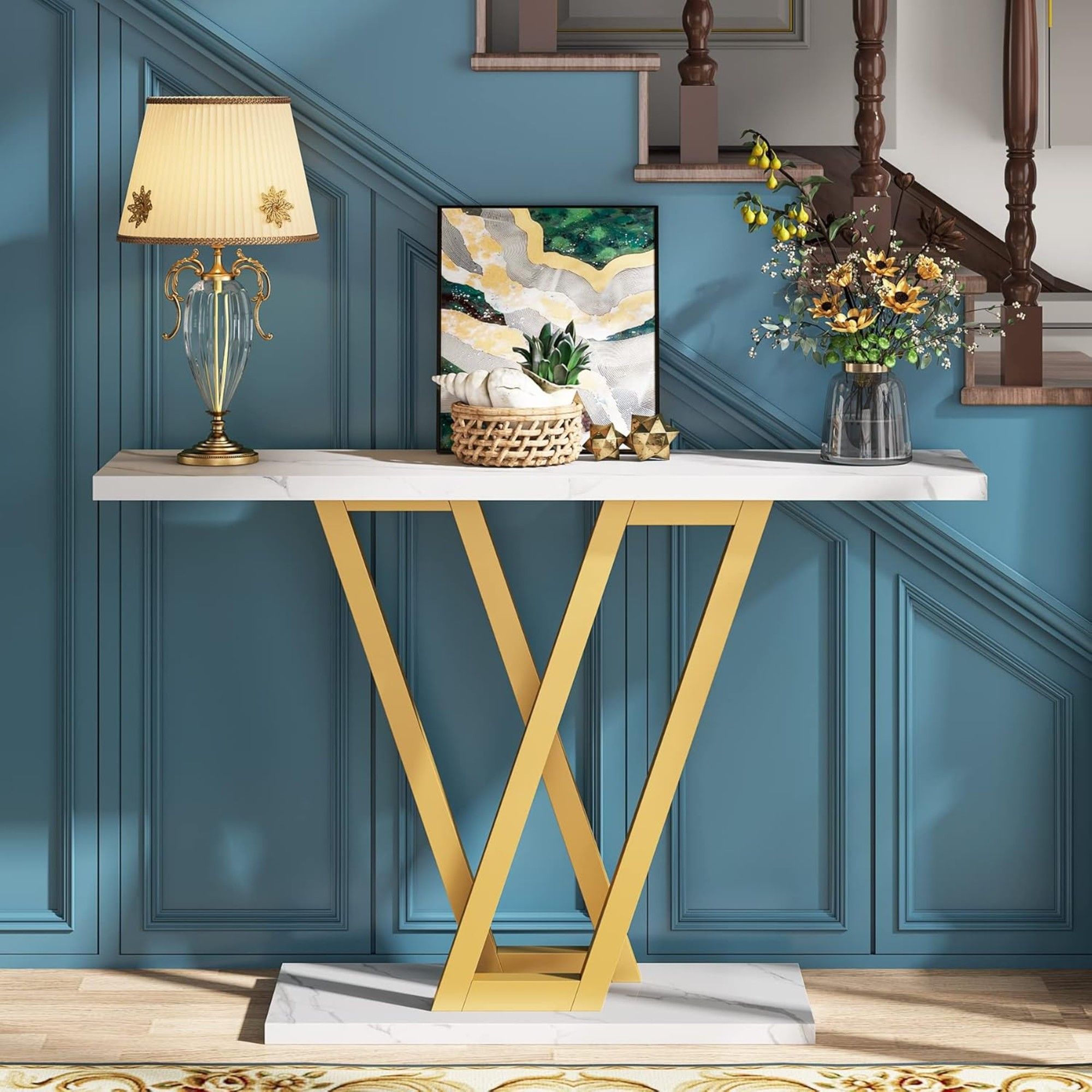 Console Table With Top With V Leg Frame For Hallway, Living Room - White / Gold