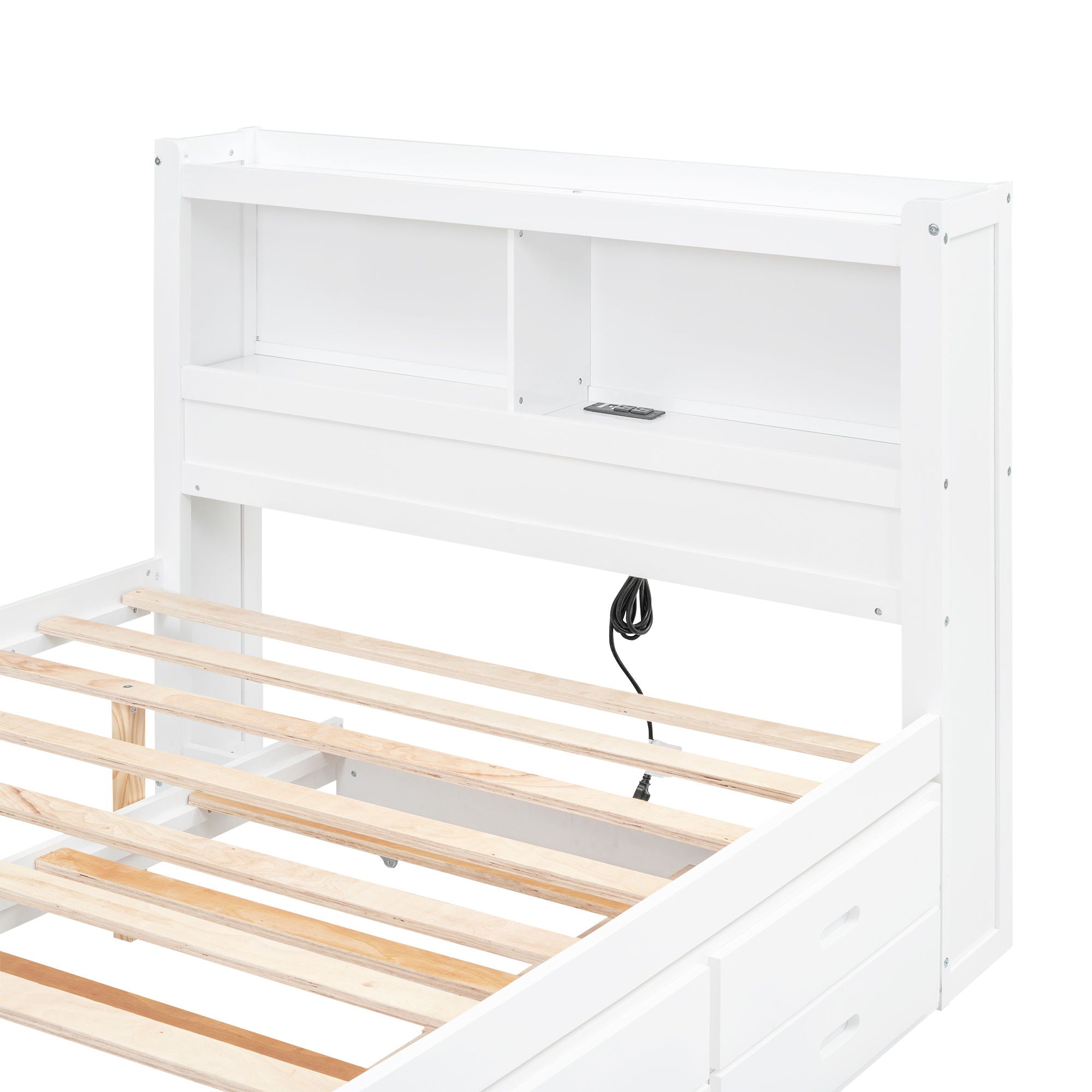 Full Size Platform Bed With Trundle, Drawers, USB Ports And Built In Shelves - White
