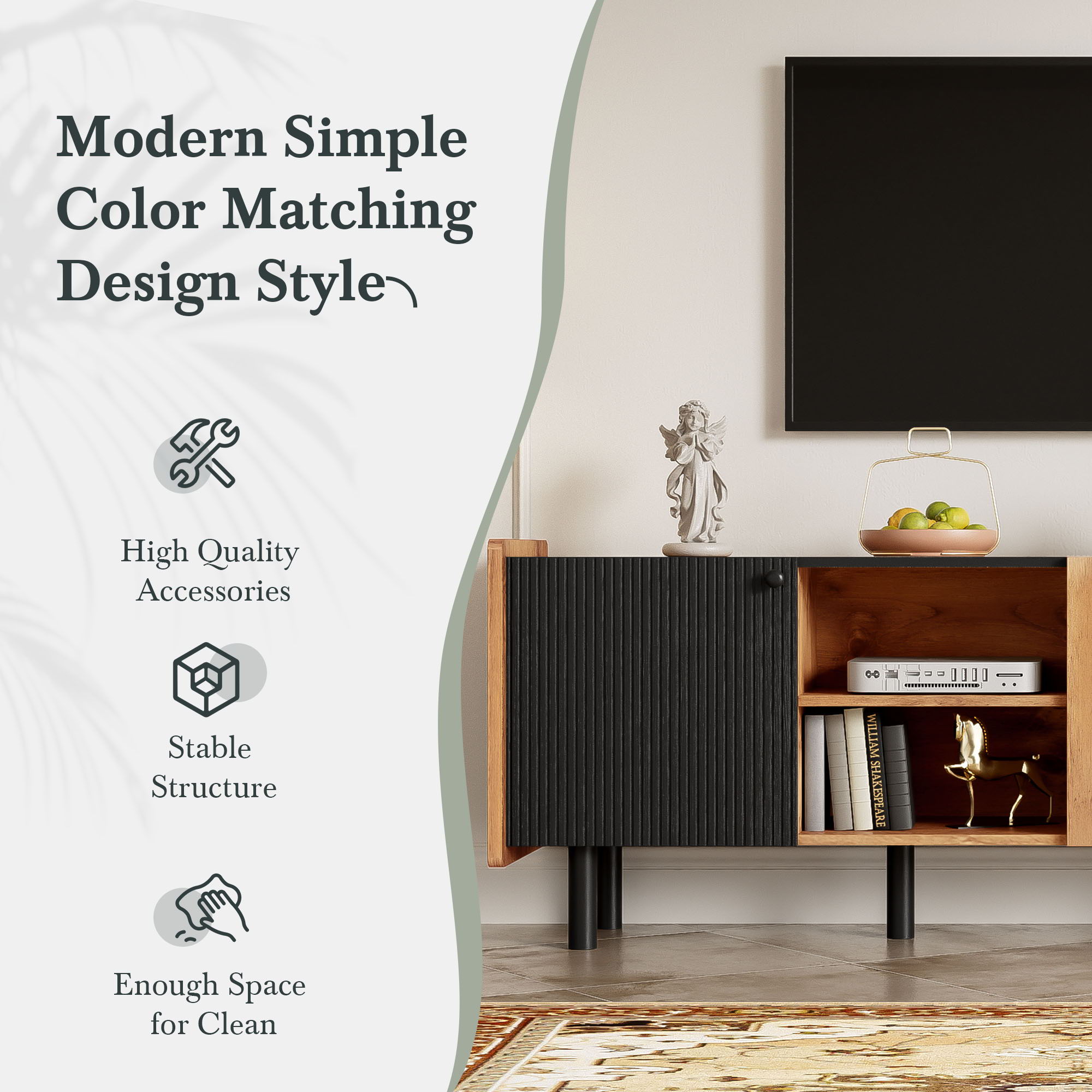 Mid Century TV Stand With 3 Cabinets, Media Console Table For Tvs Up To 70'', Entertainment Center With Storage For Living Room - Black / Brown