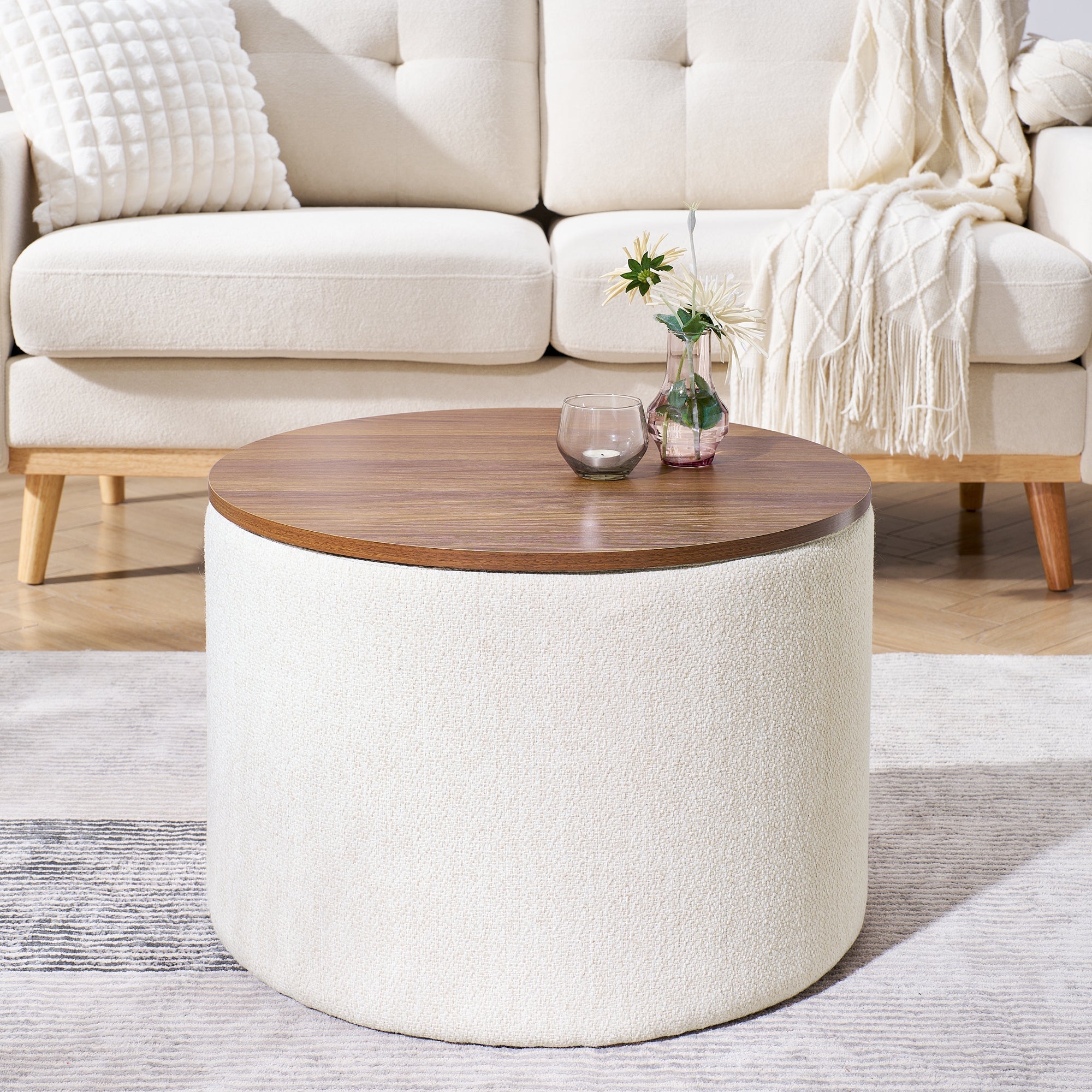 Classic 2-Piece Round Chenille Storage Ottoman Set with Drum Shaped Stool - Beige