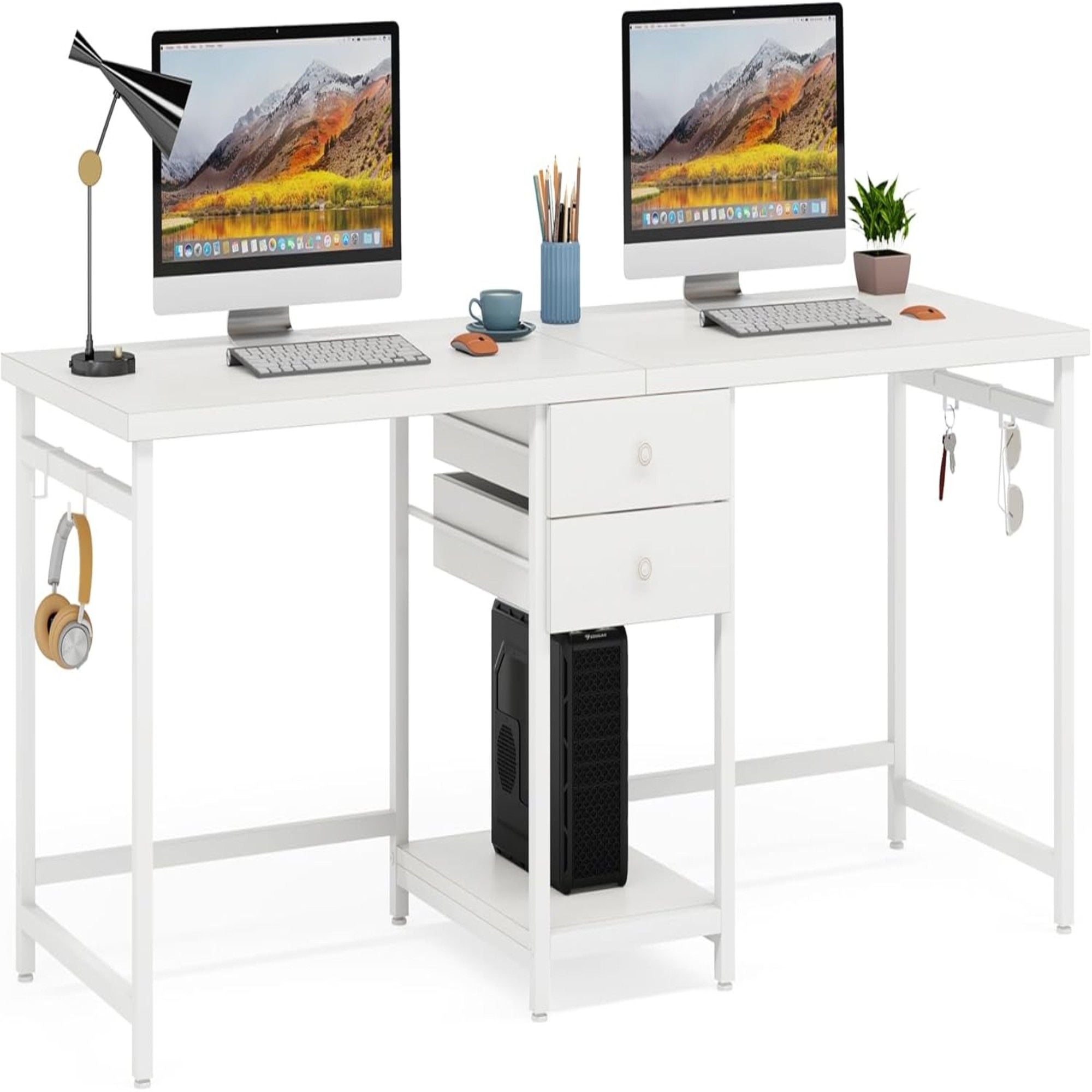2 Person Computer Desk With Drawers And Shelves, Extra Long Double Workstation