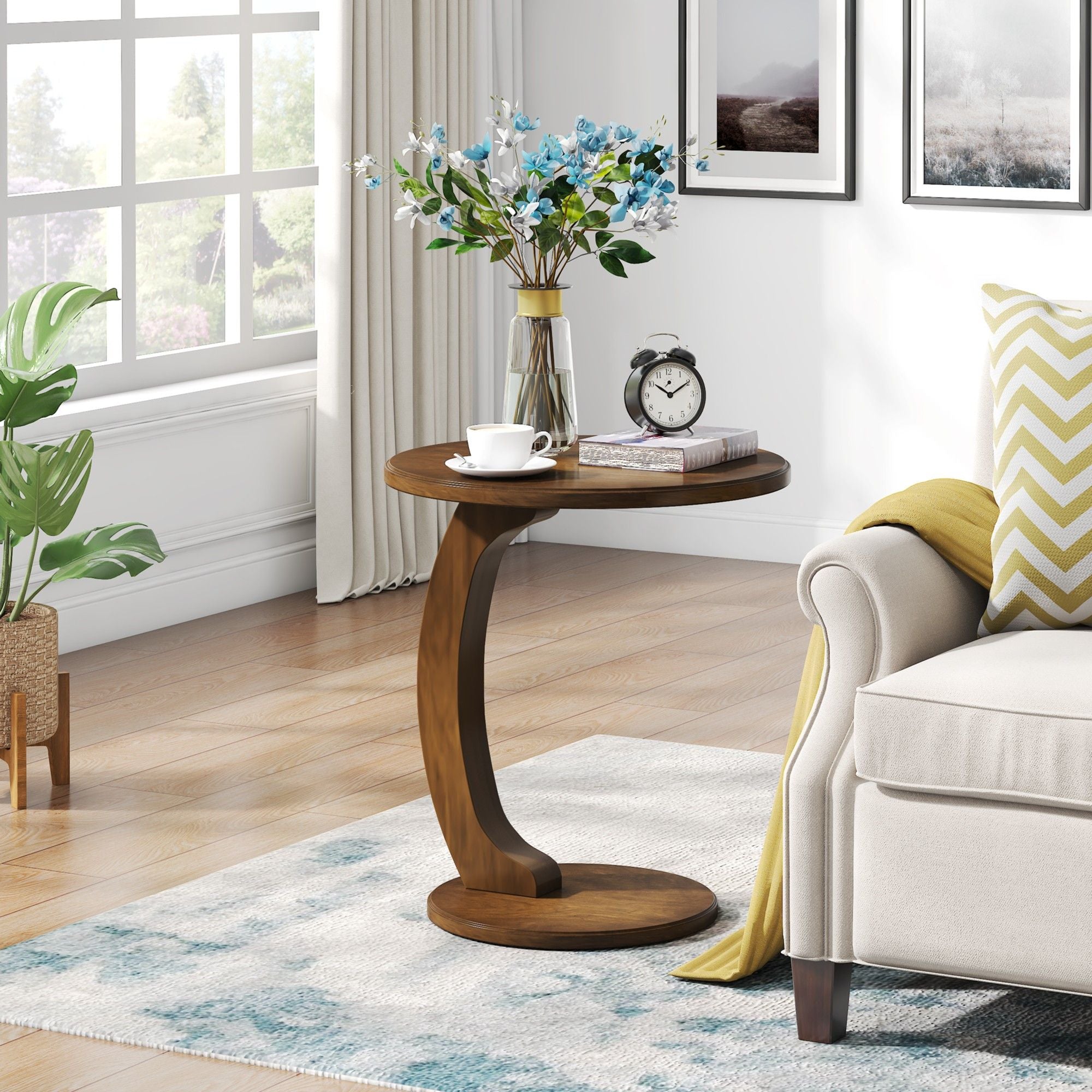 C-Shaped Round End Table - Brown