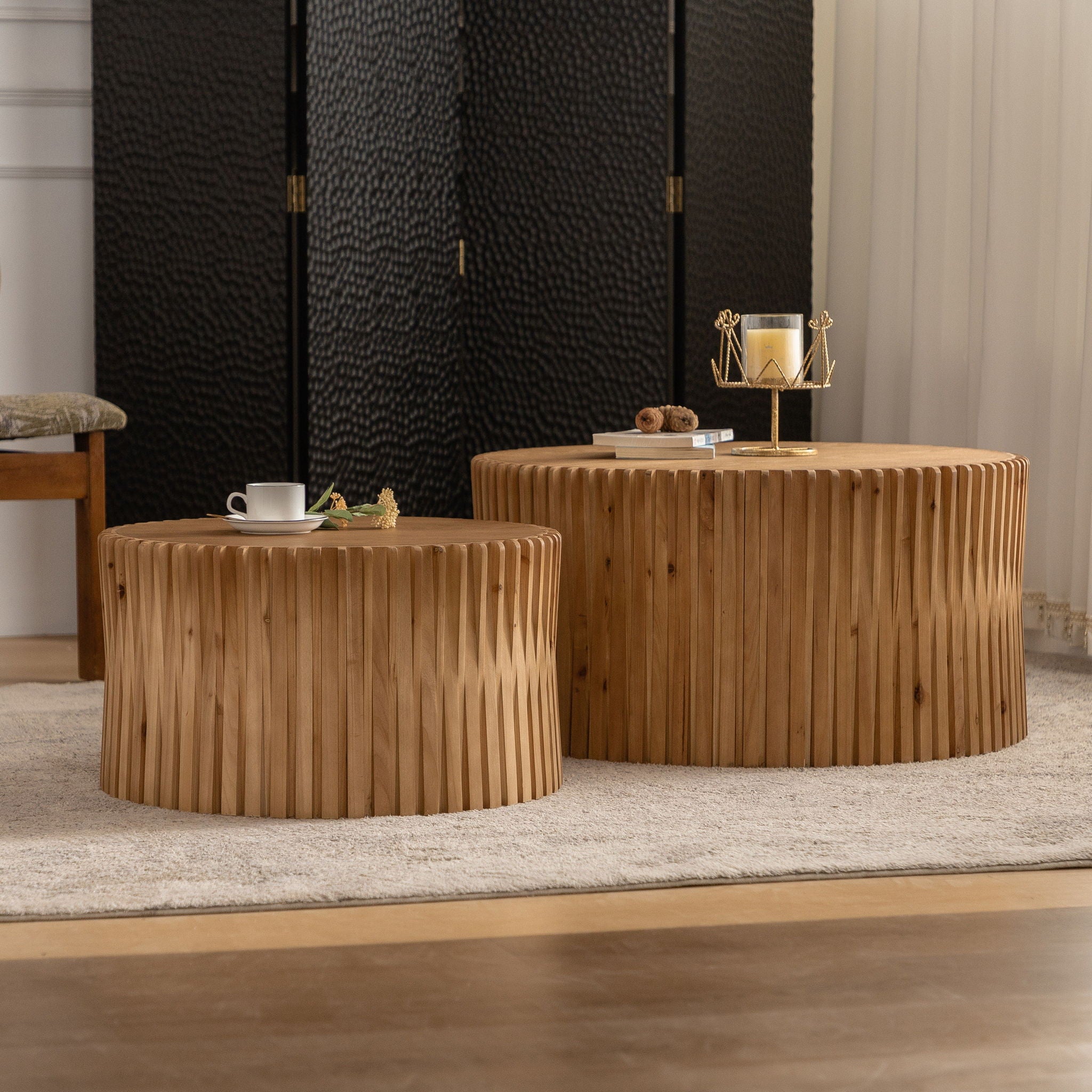 Cylindrical Coffee Table With Vertical Texture Relief