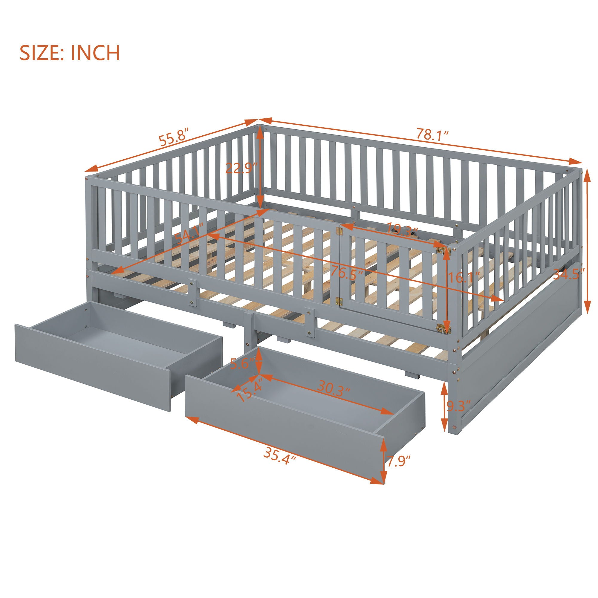 Daybed With Fence Guardrails And 2 Drawers, Split Into Independent Floor Bed & Daybed