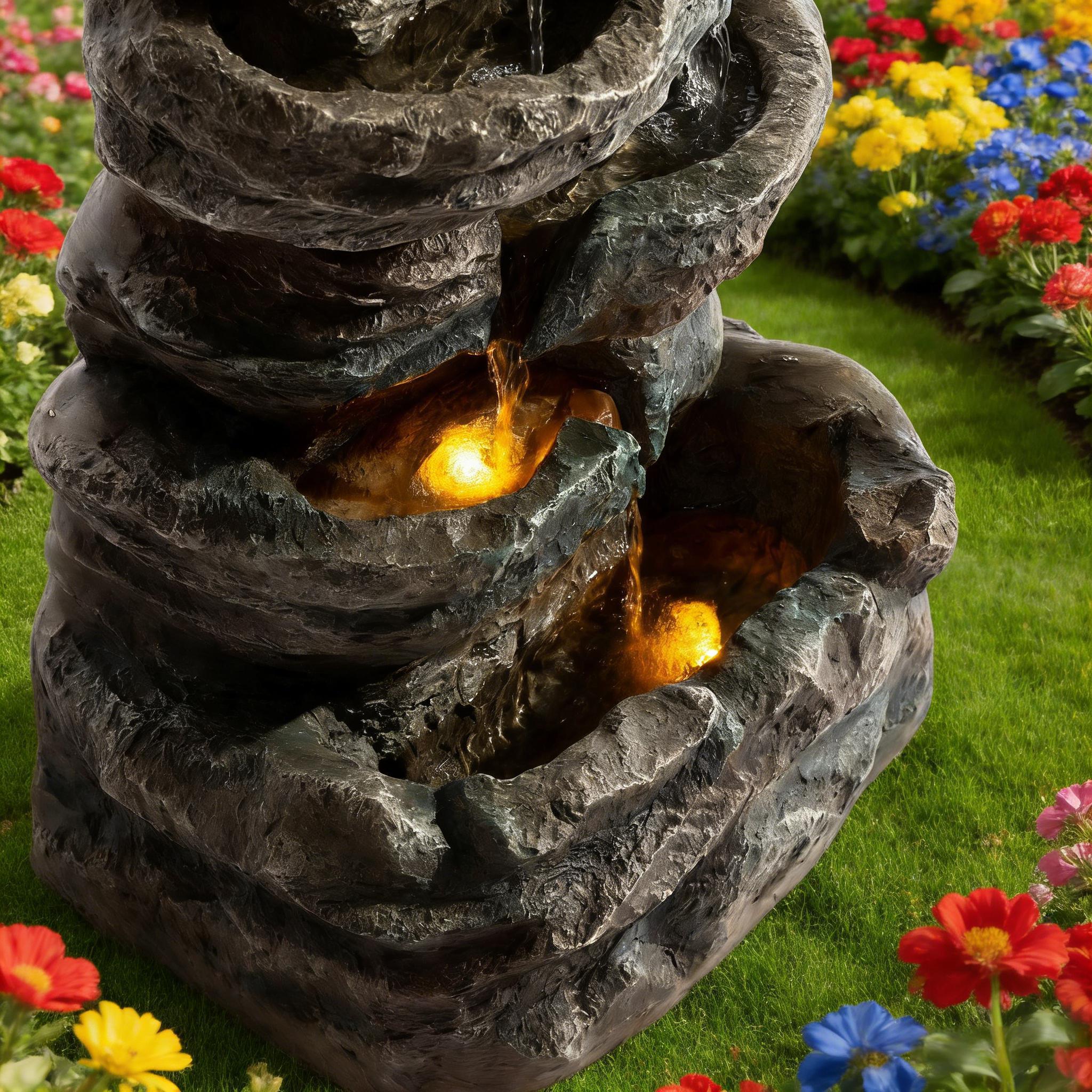 6-Tier Outdoor Cascading Stone Water Fountain with 3 LED Lights