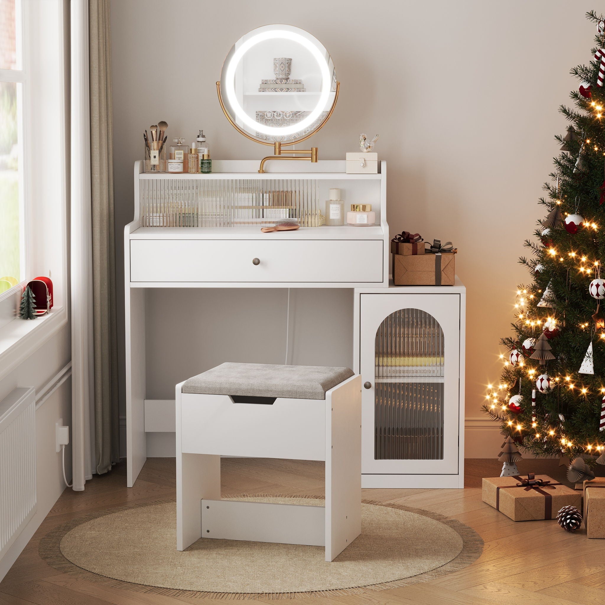 White Vanity Desk With 360° Rotated Mirror And Adjustable Lights, Girls Makeup Vanity Table With Storage Chair And Side Cabinet - Antique White