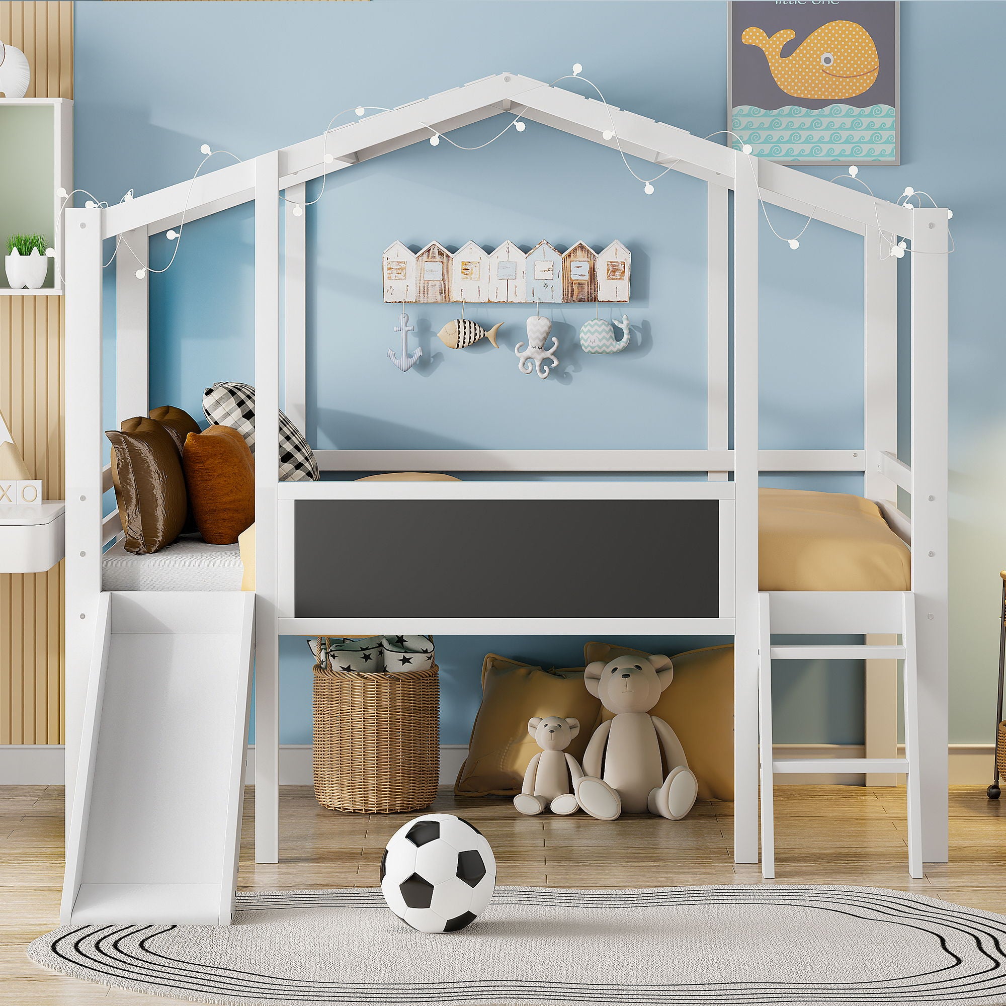 Loft House Bed With Ladder And Slide, With Blackboard And Light Strip On The Roof