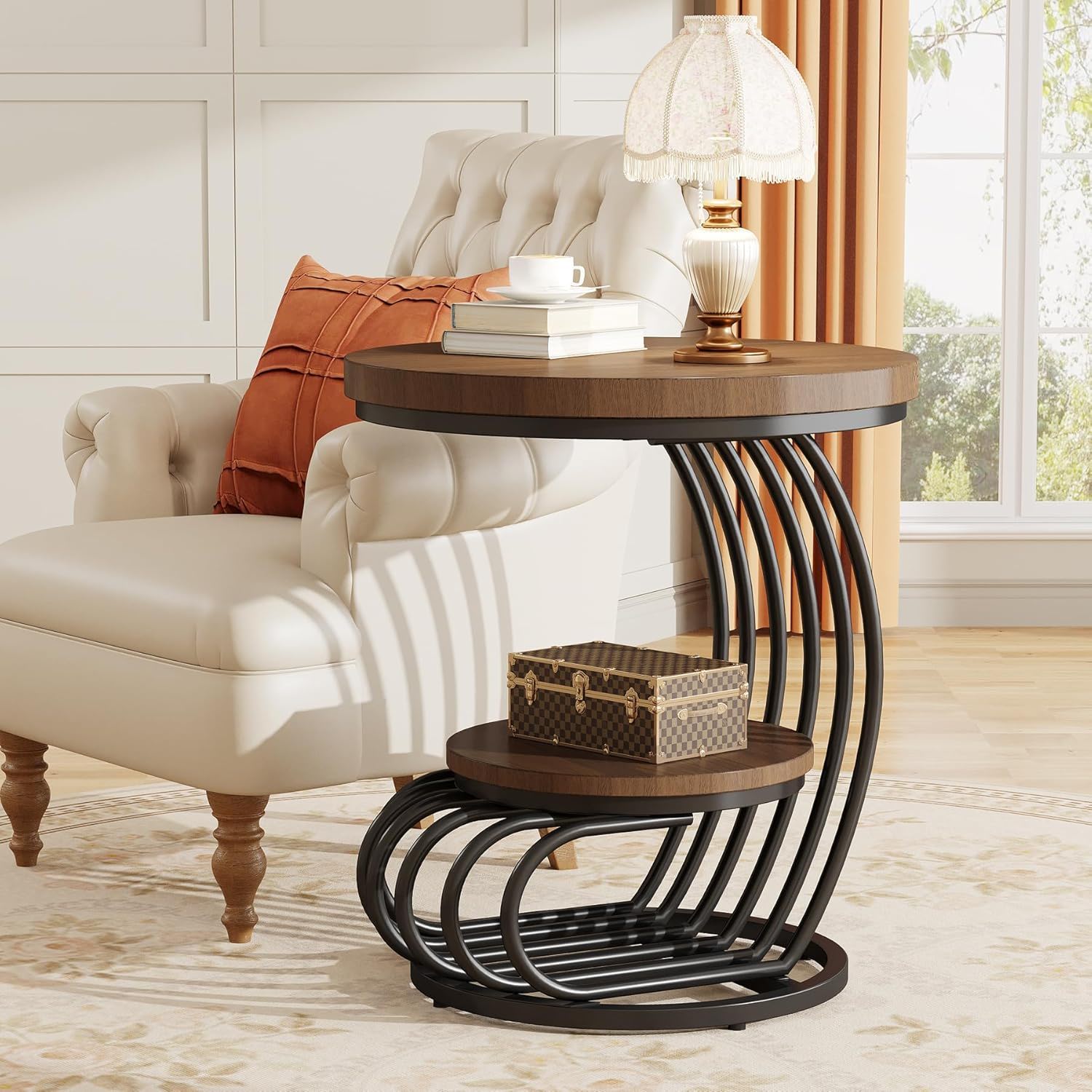 Round Vintage End Table With 2 Tier Storage