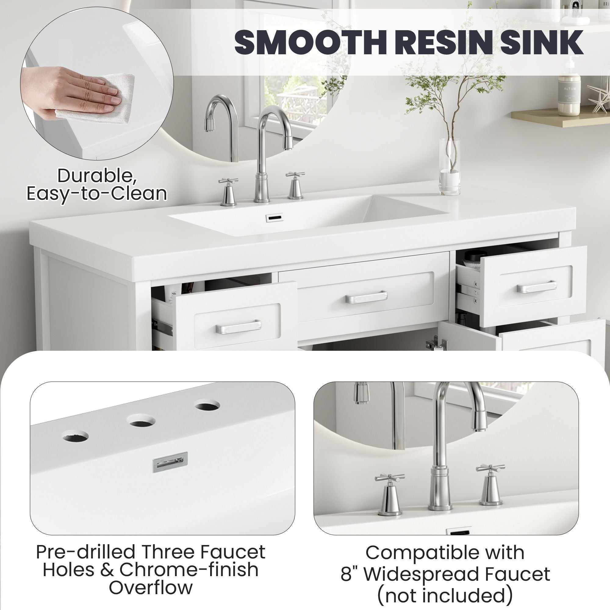 Bathroom Vanity With Sink, 2 Doors 8 Drawers, Soft Close System, Classic Design