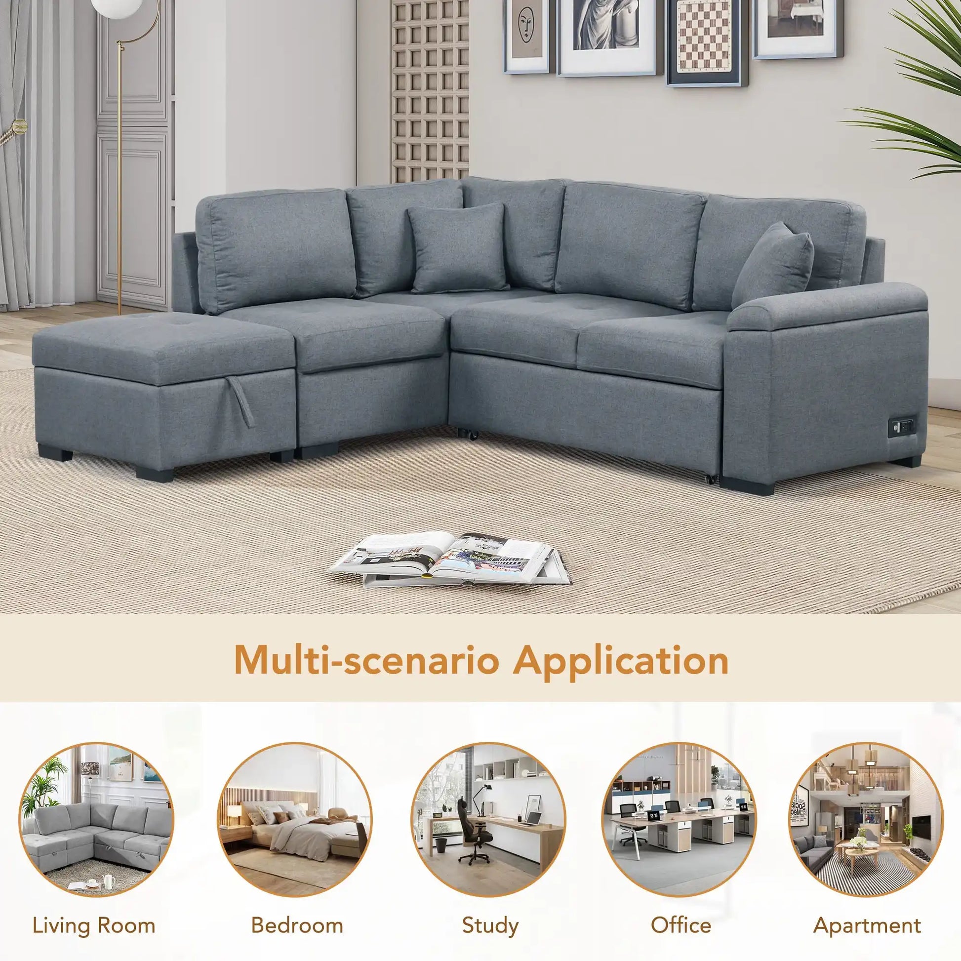Sleeper Sectional Sofa, L-Shape Corner Couch Sofa-Bed with Storage Ottoman - Best Buy Furniture