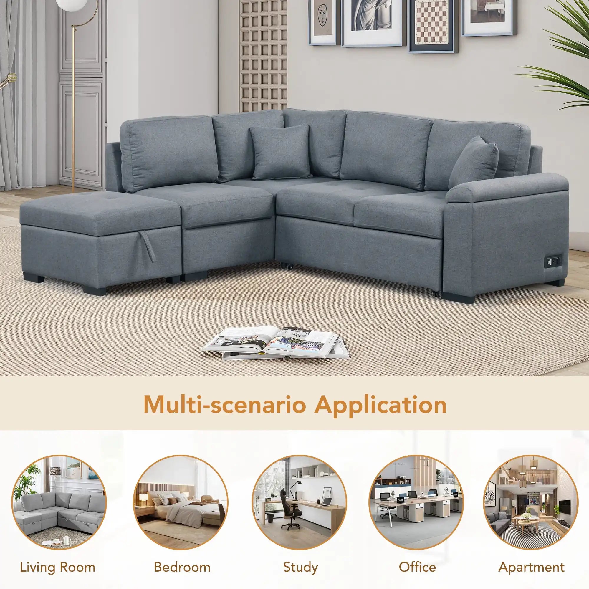Sleeper Sectional Sofa, L-Shape Corner Couch Sofa-Bed with Storage Ottoman - Best Buy Furniture