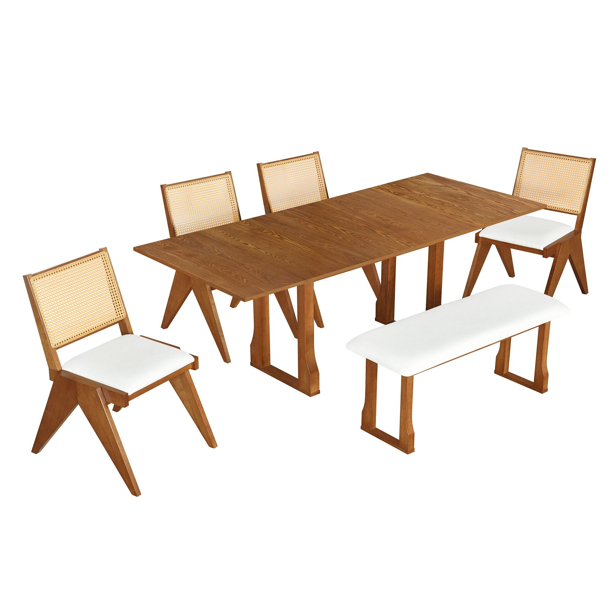 6 Piece Extendable Dining Table Set With 4 Wicker Back Upholstered Dining Chairs And Long Bench, 2 Removable Leaf