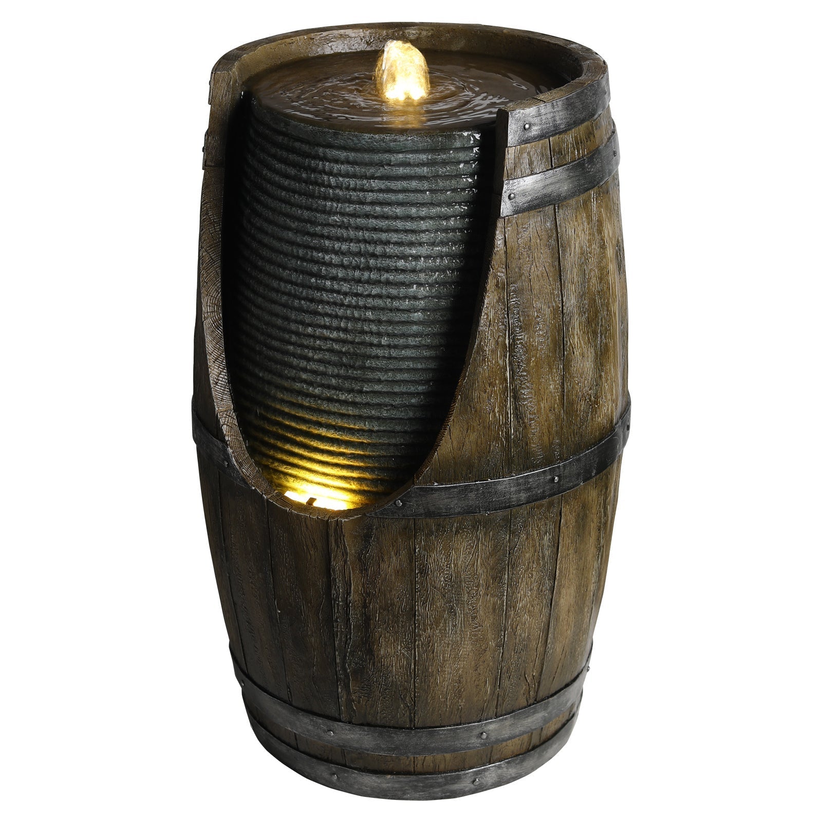 Wooden Barrel Style Outdoor Water Fountain with Lights