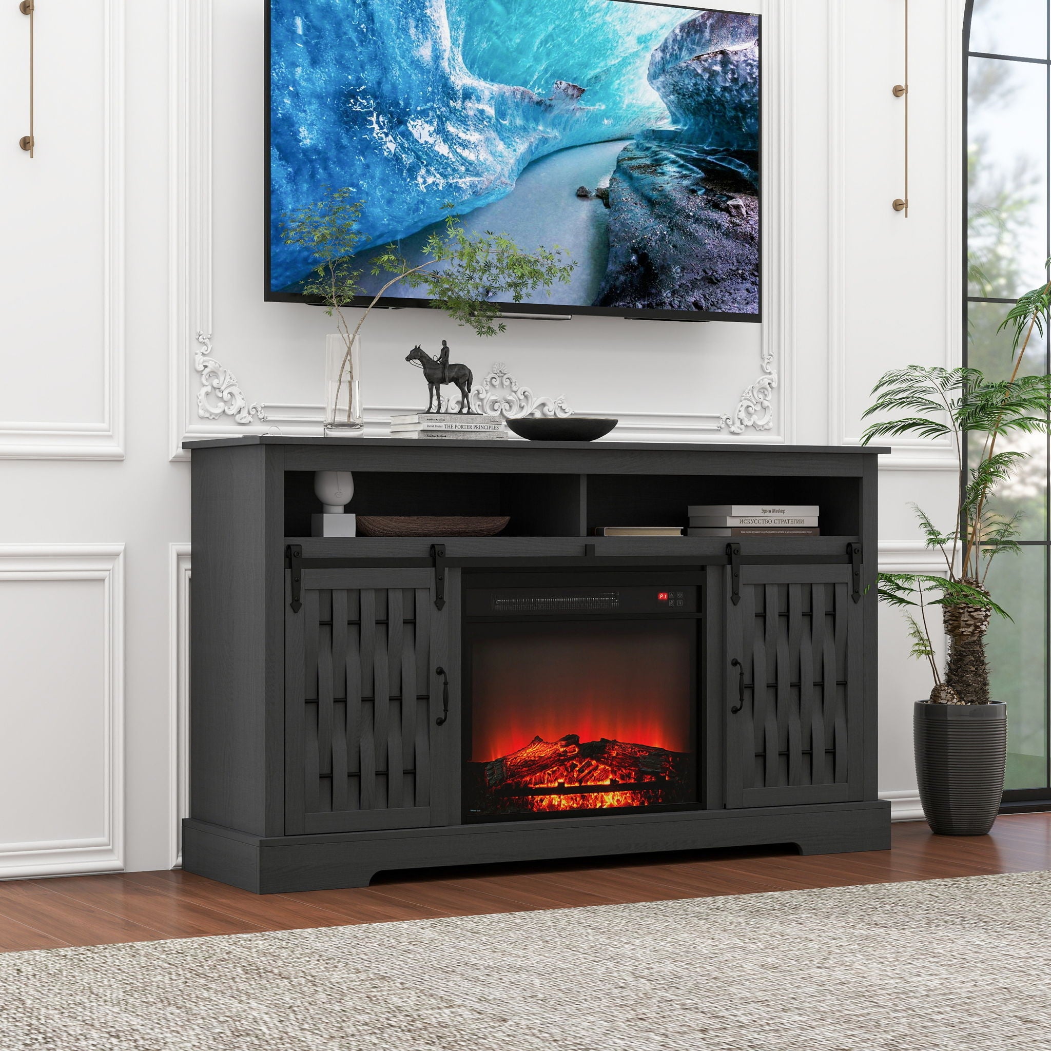 Fireplace TV Stand For Tvs Up To 65", Entertainment Center With 23" Electric Fireplace, Farmhouse TV Stand Industrial Media Console With Sliding Barn Door For Living Room - Dark Gray