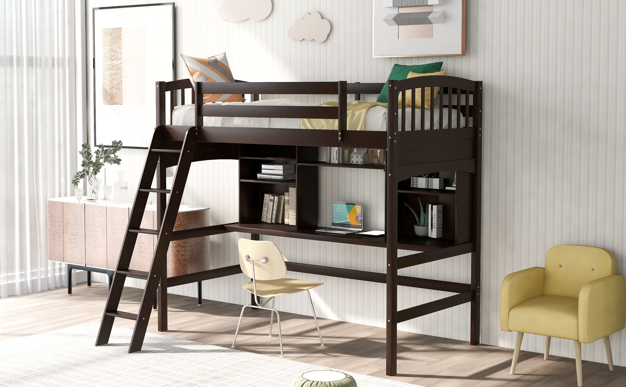 Loft Bed With Storage Shelves, Desk And Ladder