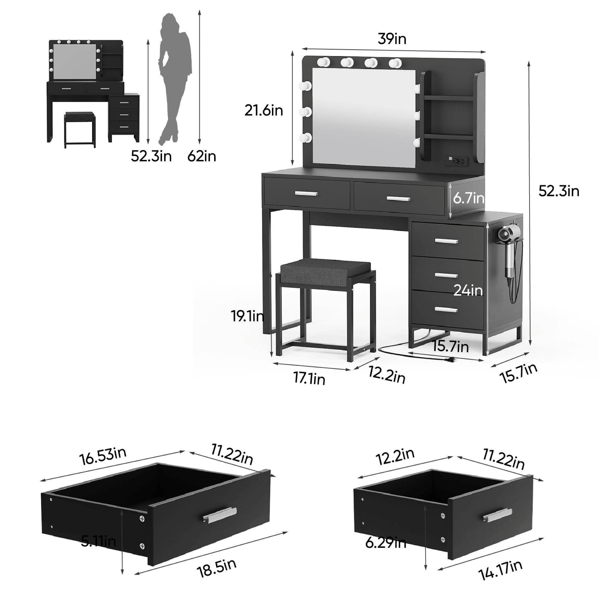 Vanity Desk With Lights, Makeup Vanity Set With Charging Station, Dressing Table With 5 Drawers And Cabinet, Vanity Mirror 3 Lighting Color Adjustable - Black