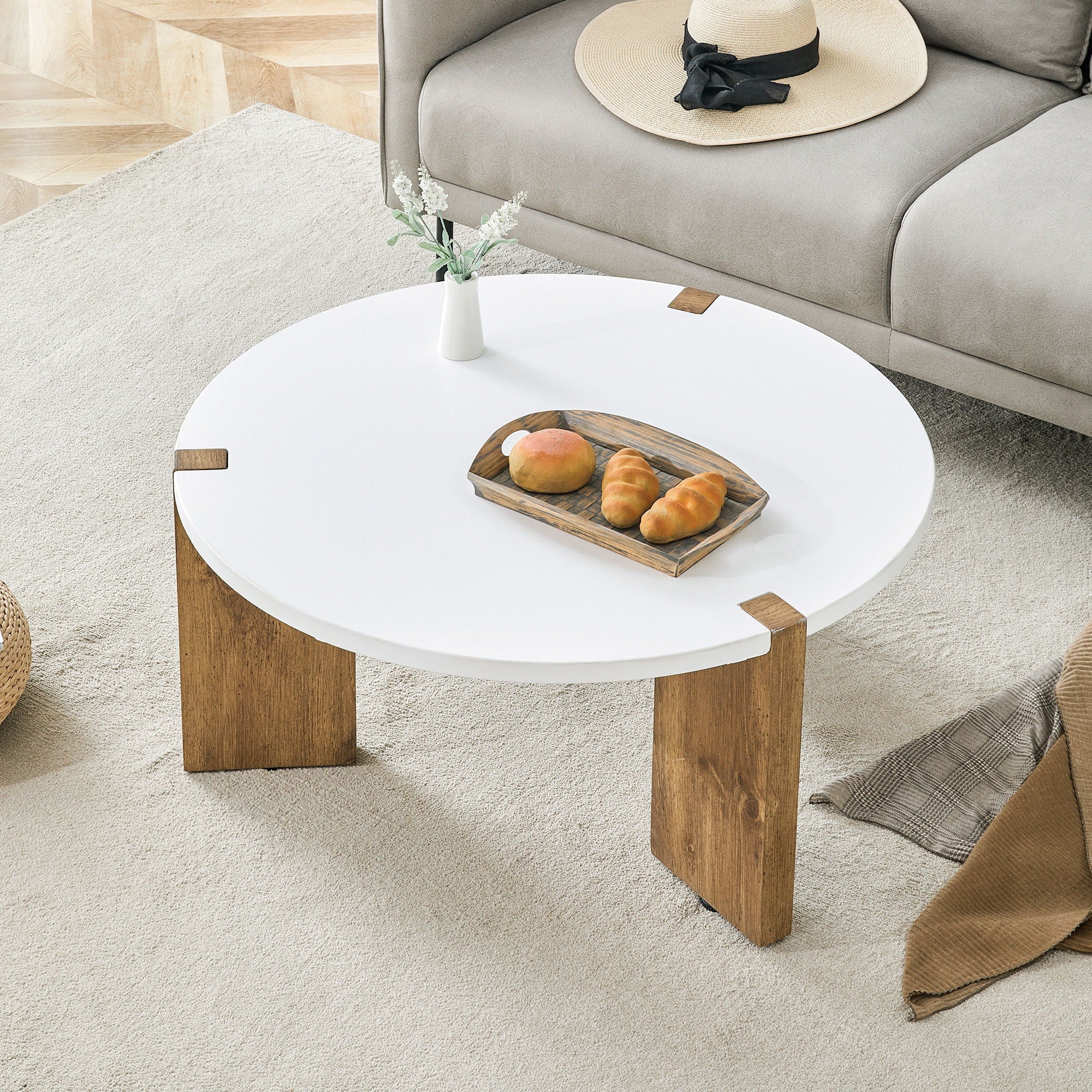 Minimalist Circular Coffee Table With Embedded Leg Design - White / Wood